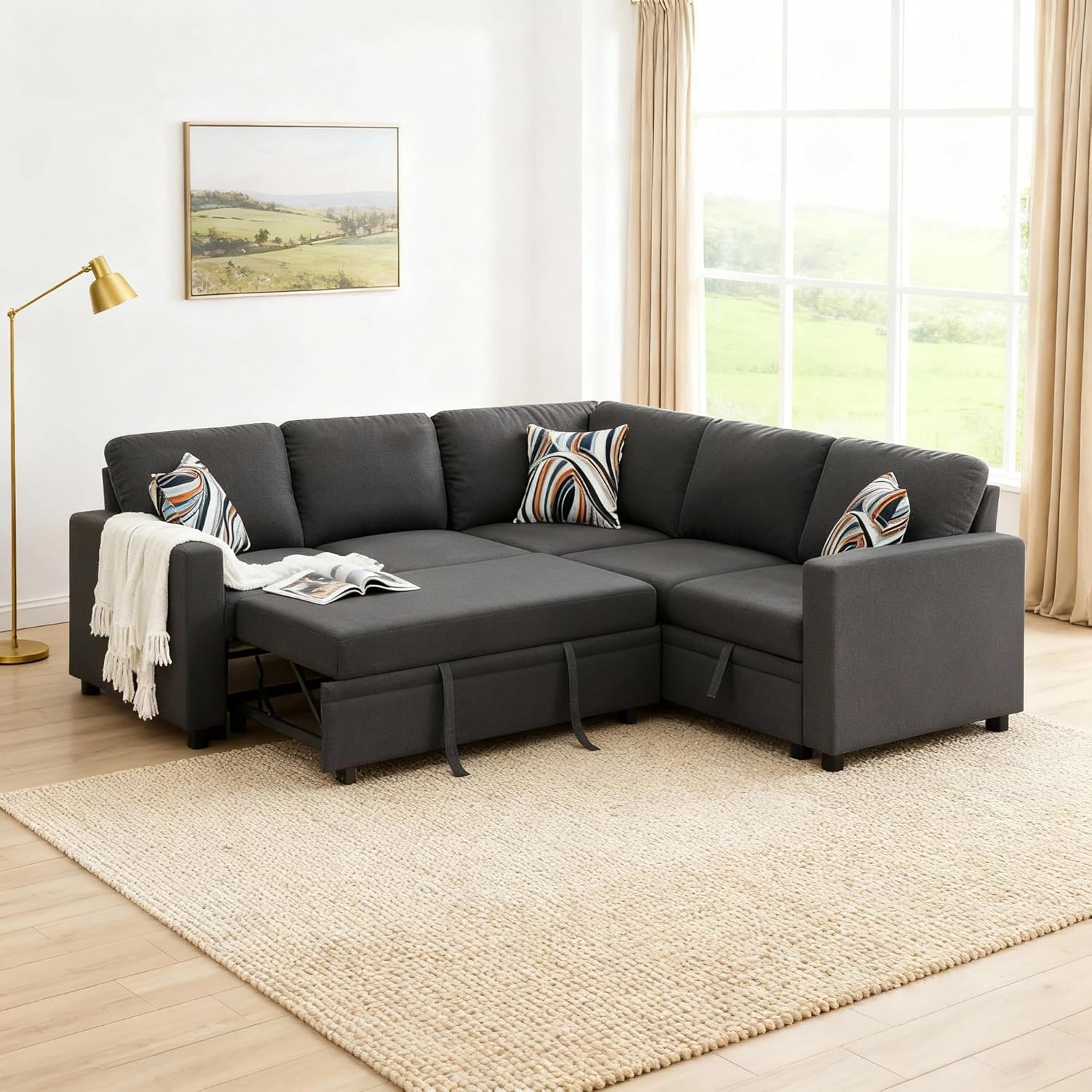 Sectional Sleeper Sofa with Pull Out Bed, L Shape Convertible Couch with Storage Chaise, Comfy Sleeper Couch, 2 in 1 Pull Out Sofa Bed with 5 Seats, for Living Room, Apartment, Black Gray