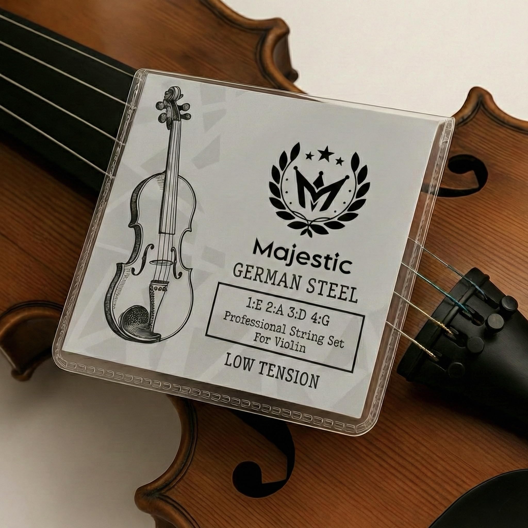 MAJESTIC INDUSTRIES Violin String Set, Stainless German Steel String Set, Stable Tuning & Low Tension, Professional 4-String Set, Warm Rich Tone, Alloy Core