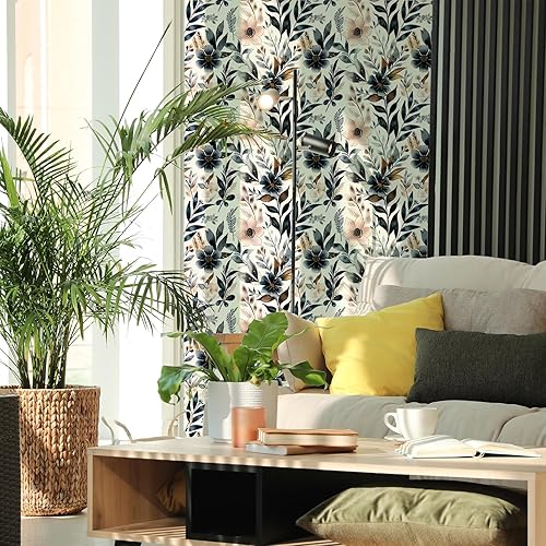 Miniatura 8 de Papel tapiz floral azul oscuro y rosa para despegar y pegar, papel tapiz vintage de hojas, fácil de despegar, autoadhesivo, extraíble, para armario