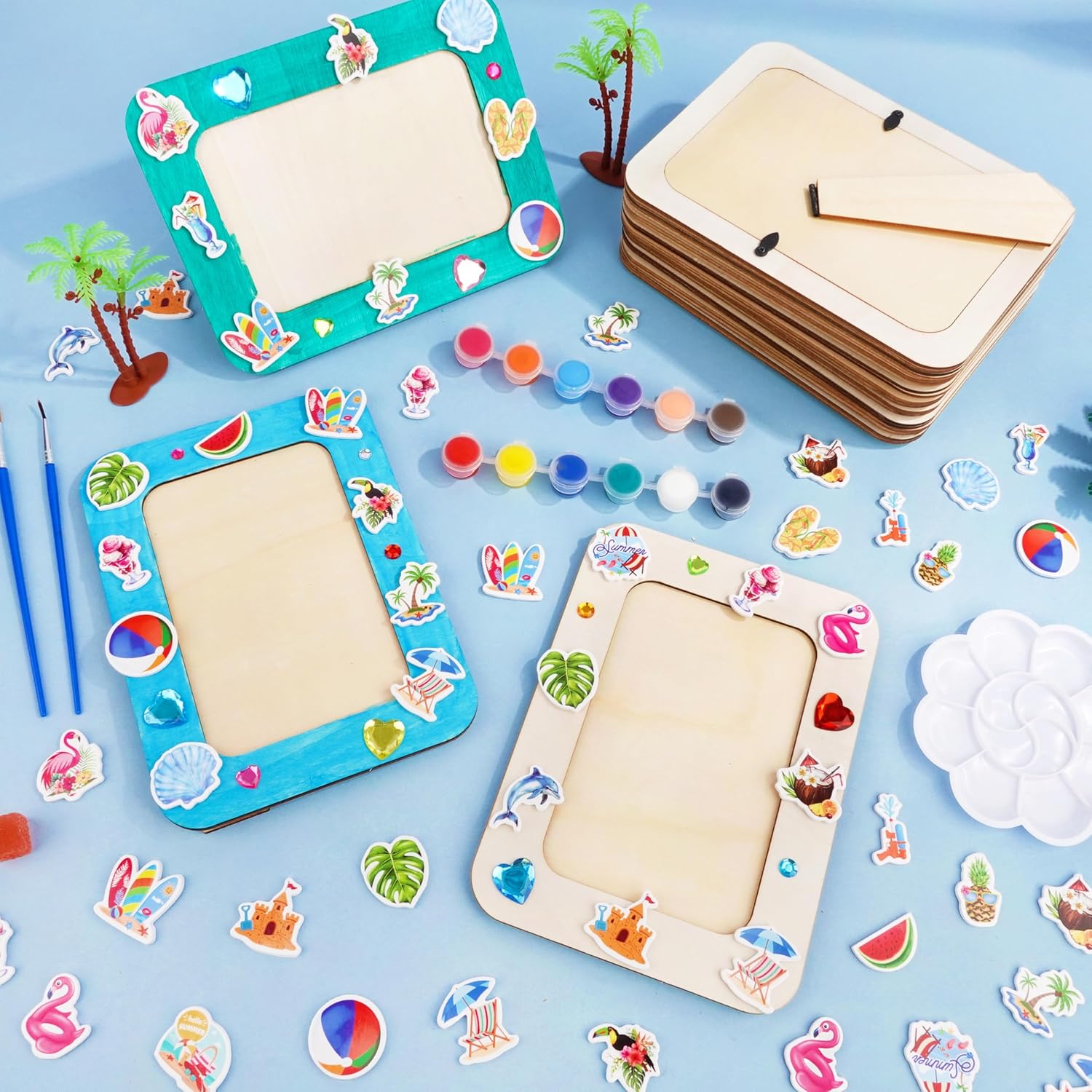 JOPHMO 24 Pack DIY Wood Picture Frames - 4 x 6 Unfinished Wooden Photo Frame with Beach Stickers Rhinestone Stickers Painting Tools, Summer Beach Theme Arts and Crafts Kit Birthday Party Favors