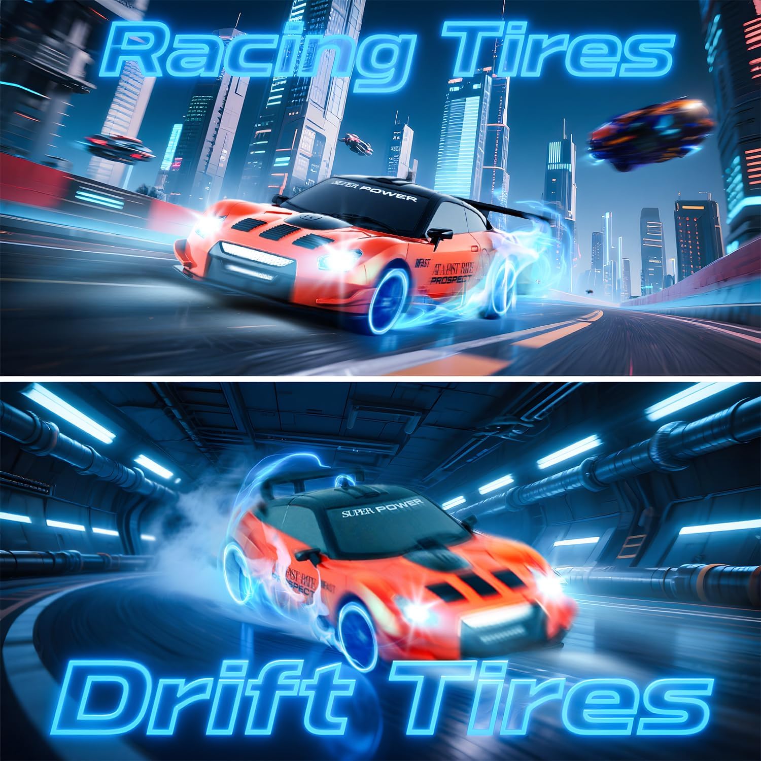 SANCO 1:24 RC Racing & Drift Car with LED Lights, 2.4GHz Remote Control Vehicle, Includes 2 Batteries & 2 Sets of Tires, Hobby Toy for Adults, Boys & Kids(Orange)