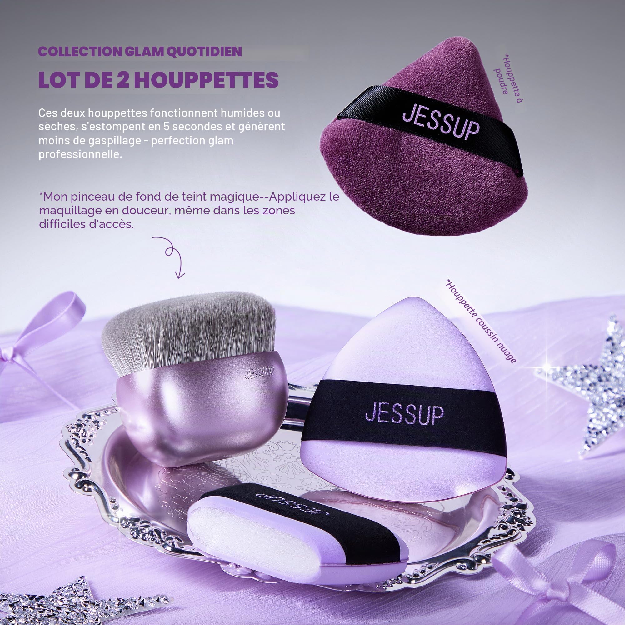 Jessup Set Pinceaux Maquillage 11pcs avec Pinceau Visage, Éponge Maquillage, Houppette et Nettoyeur, Pour Fond de Teint, Poudre, Contour, Bronzer, Blush, Enlumineur, Violet Luxe T885