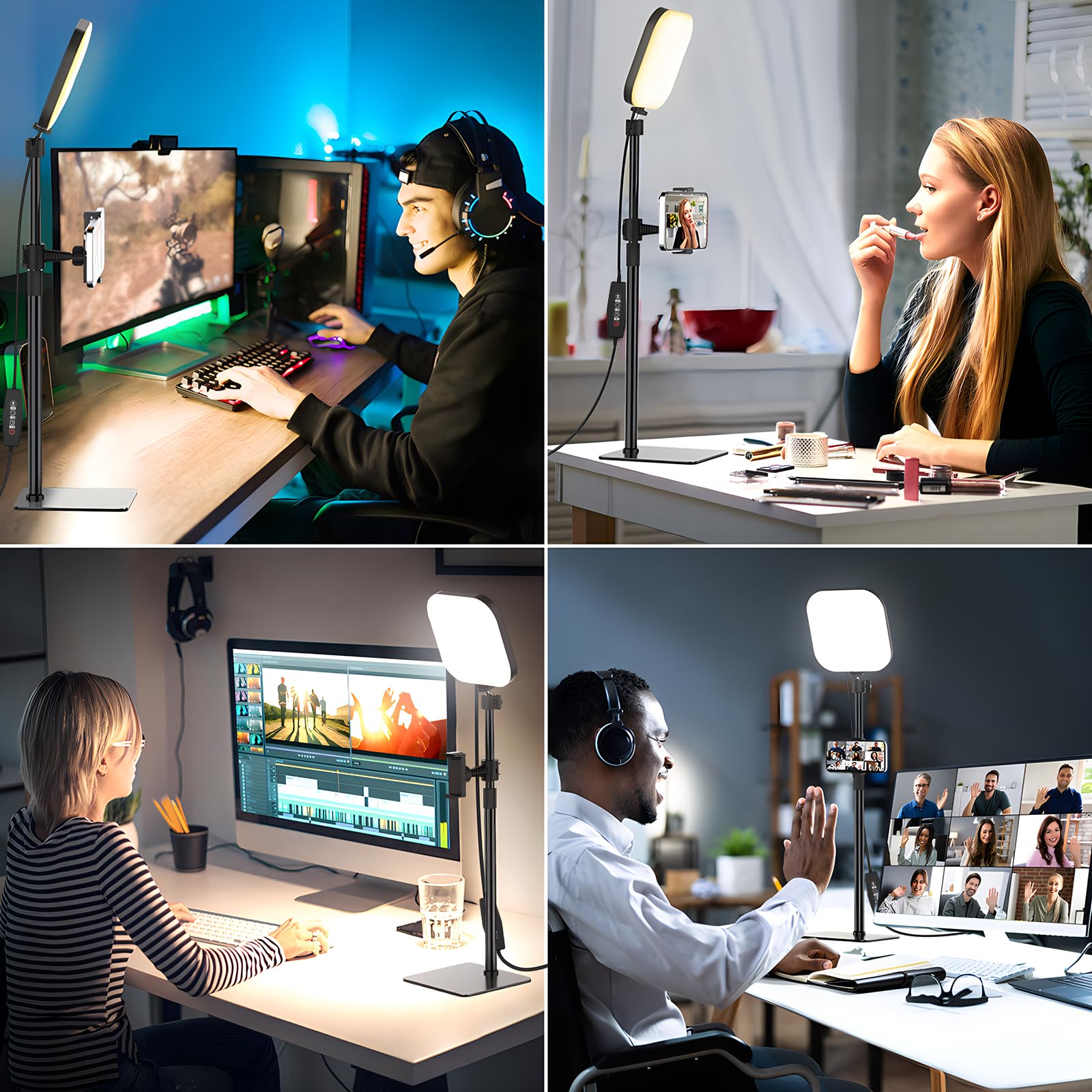 Éclairage de vidéoconférence, lampe vidéo 180 LED avec 3 couleurs, 5 luminosités et minuterie pour enregistrement vidéo, support de téléphone pour ordinateur portable, réunion en ligne, appels vidéo