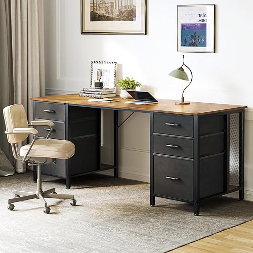 Miniatura 2 de ODK Escritorio de oficina de 63 pulgadas con 6 cajones de tela, escritorio grande para computadora para oficina en casa con estantes de