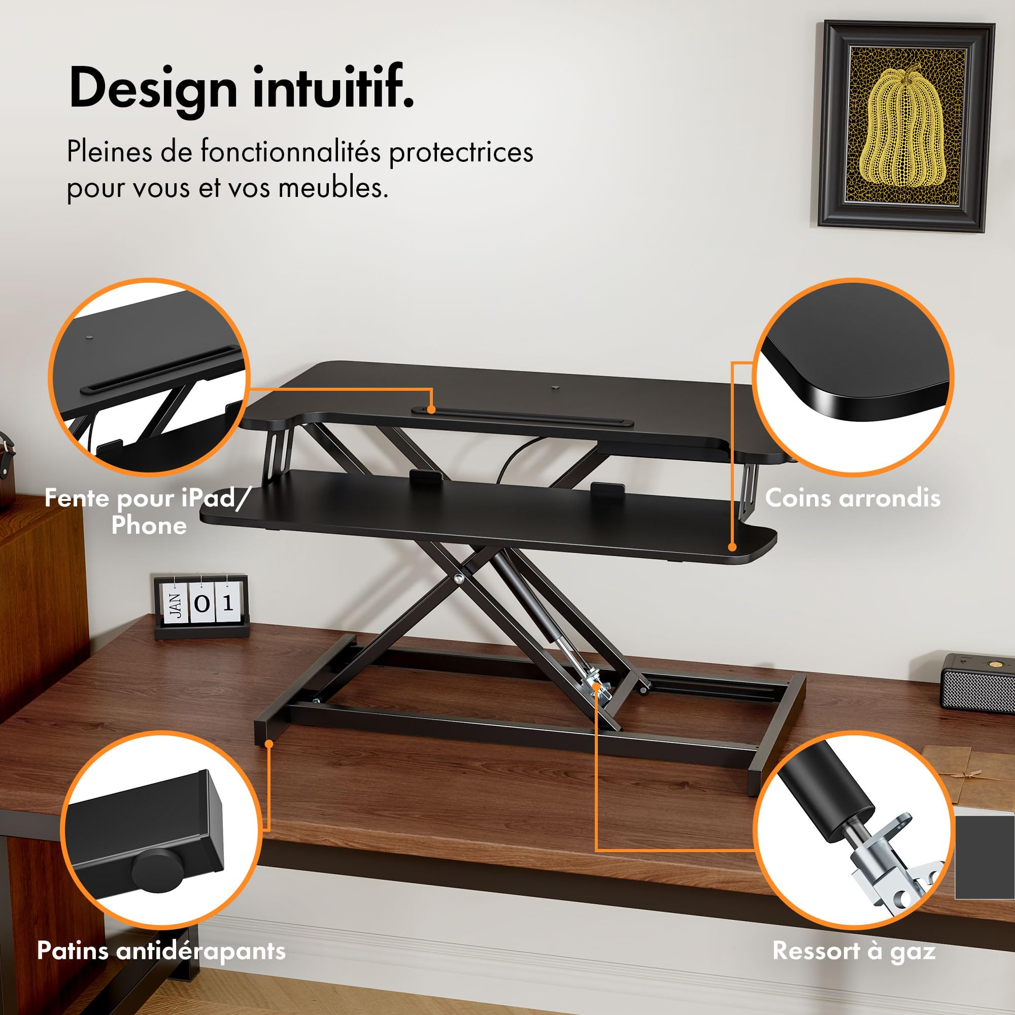VonHaus Convertisseur de Bureau Debout, Poste de Travail Assis-Debout Réglable en Hauteur, avec Plateau pour Clavier, Support pour Tablette (Noir)