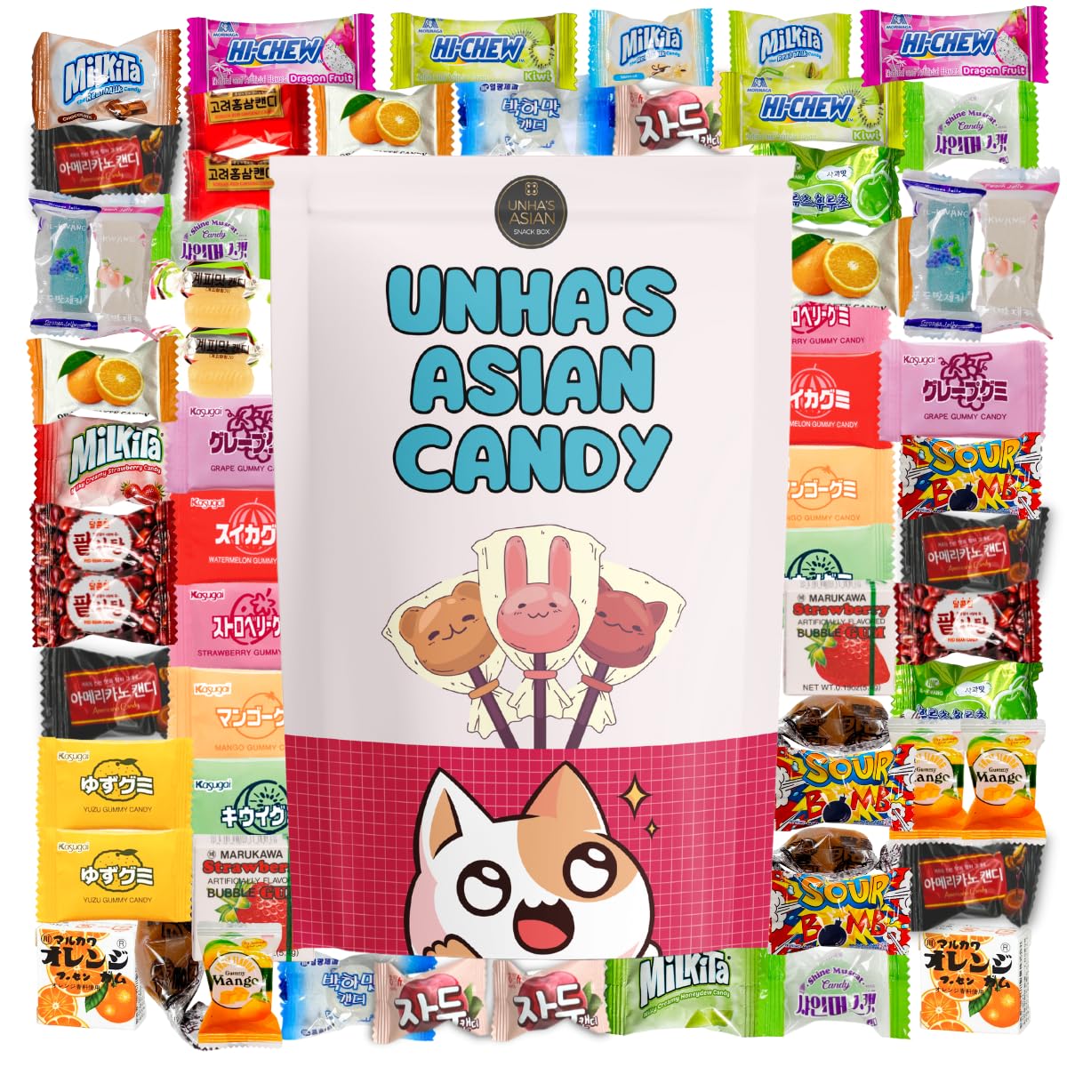 Asian candy mystery gift box, 60 count variety pack of Japanese and Korean treats, sweet sampler of chewy, fruity, and chocolate snacks, fun surprise box for kids, teens, and candy lovers