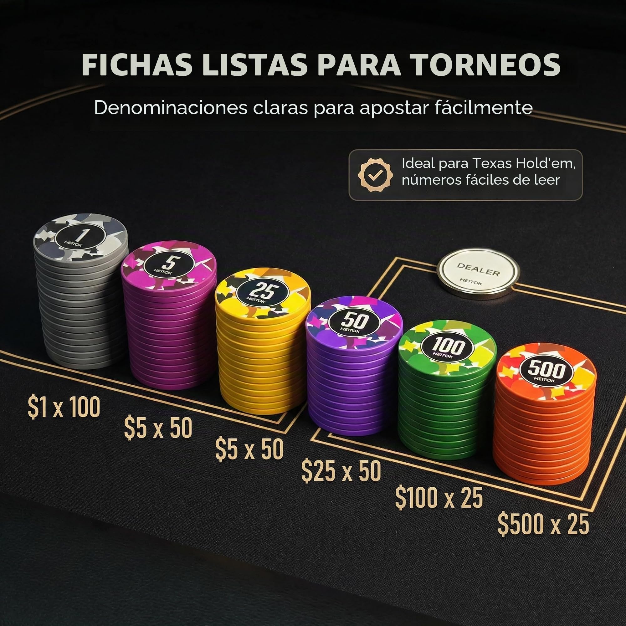 HEITOK Maletín de Póker Profesional 300 Fichas Numeradas 11.5g Peso Casino - Estuche Aluminio Reforzado, Botón Dealer y Barajas para Texas Holdem