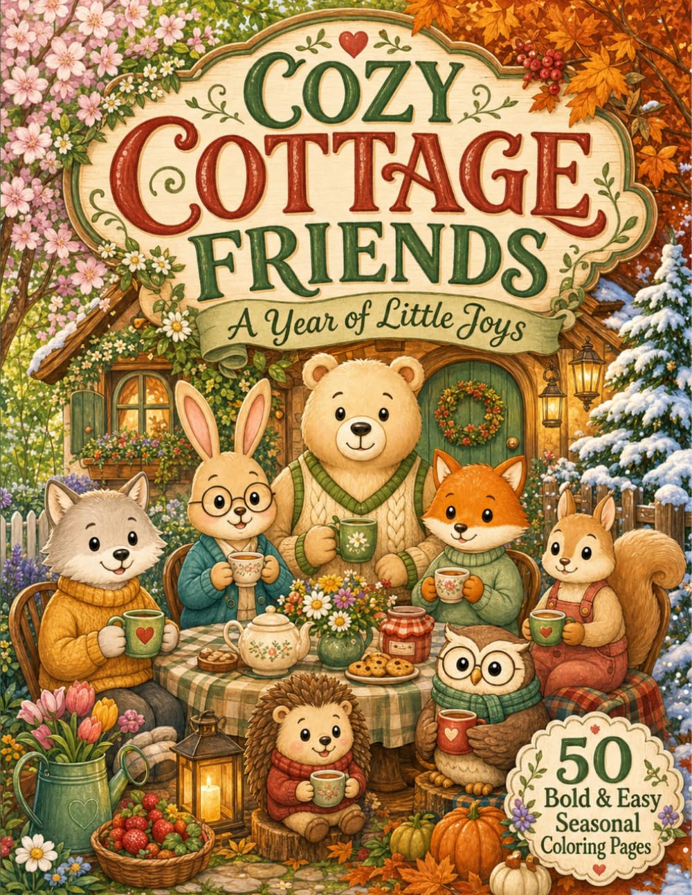 Cozy Cottage Friends: A Year of Little Joys: 50 Bold and Easy Seasonal Coloring Pages with Adorable Animal Friends for Adults, Teens, and Relaxation