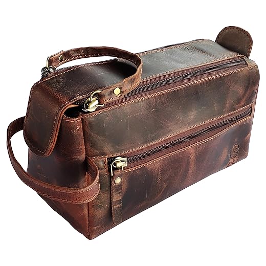 Leather Toiletry Bag for Men - Hygiene Organizer Travel Dopp Kit By Rustic Town (Walnut Brown)