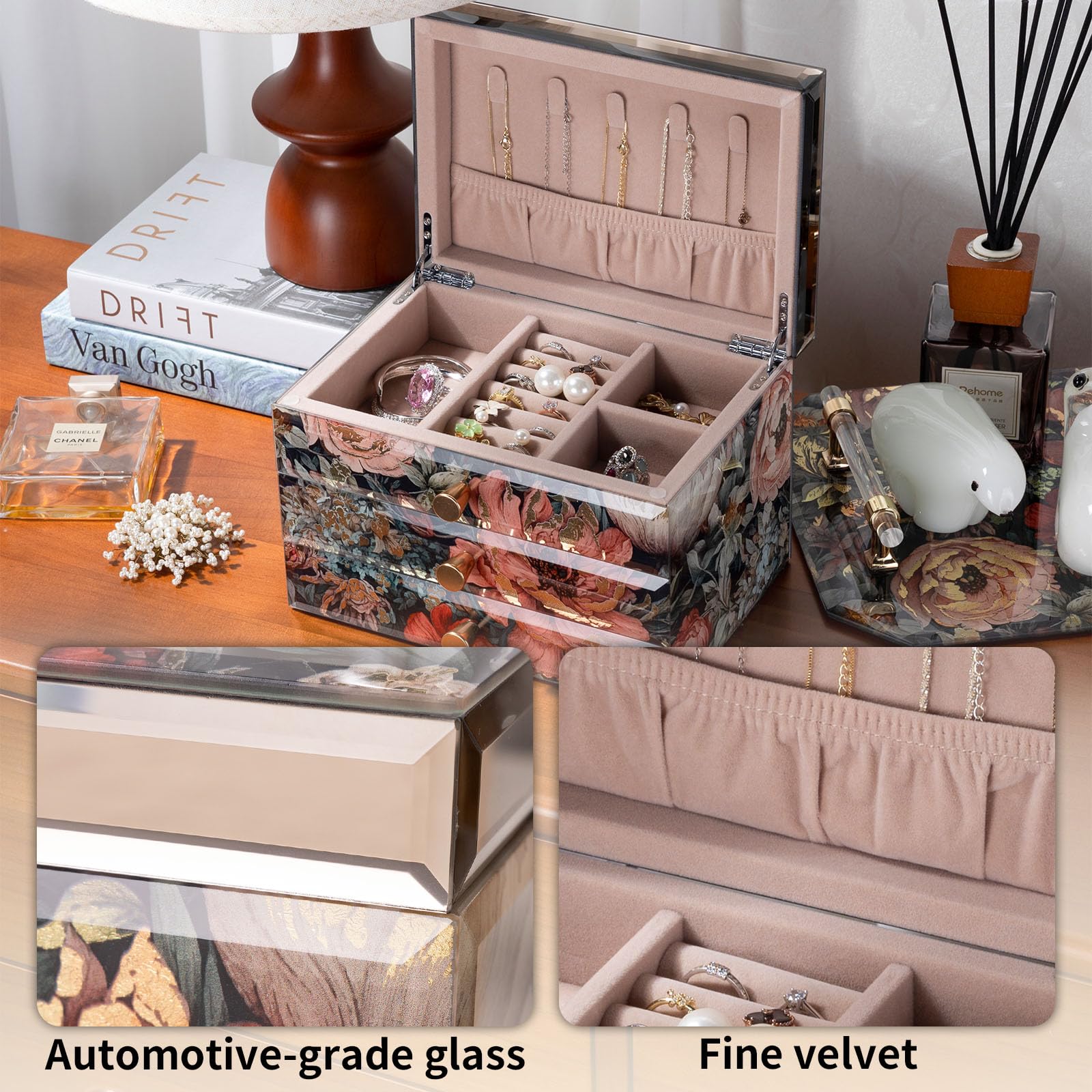 Joyero de cristal con patrón floral, organizador de joyas de 3 niveles para mujeres y niñas, cajas decorativas de regalo de joyería, organizador de mesa para aretes, collar, regalo para