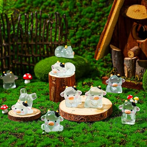 Miniatura 10 de RoundFunny 48 piezas de mini figuras de vaca de resina en miniatura de animales de resina, mini figuras de resina, adornos de musgo al aire libre,