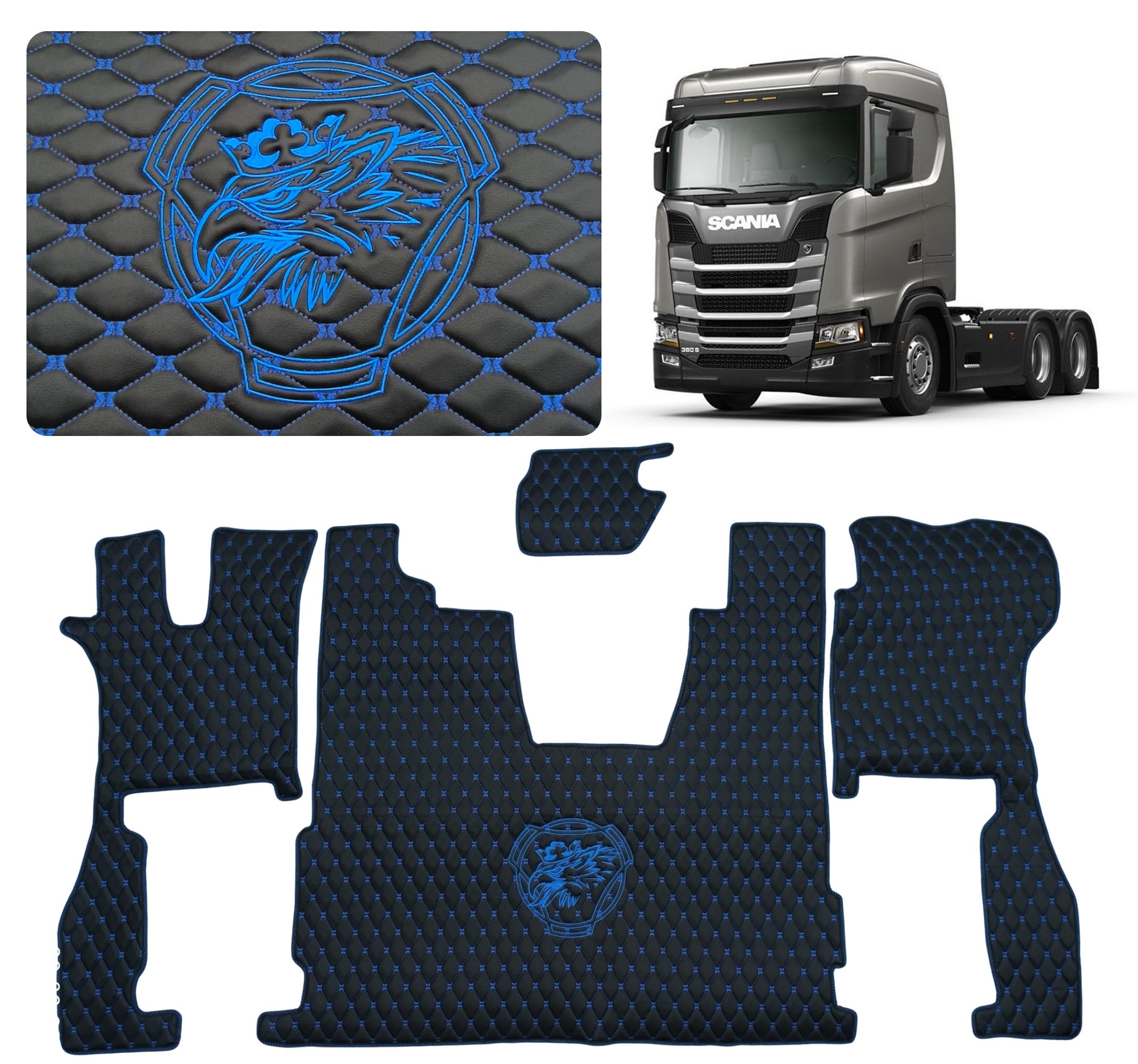Alfombrillas para camiones compatibles con SCANIA R 2018+ asiento del copiloto con muelles (tela negra, hilos azules)