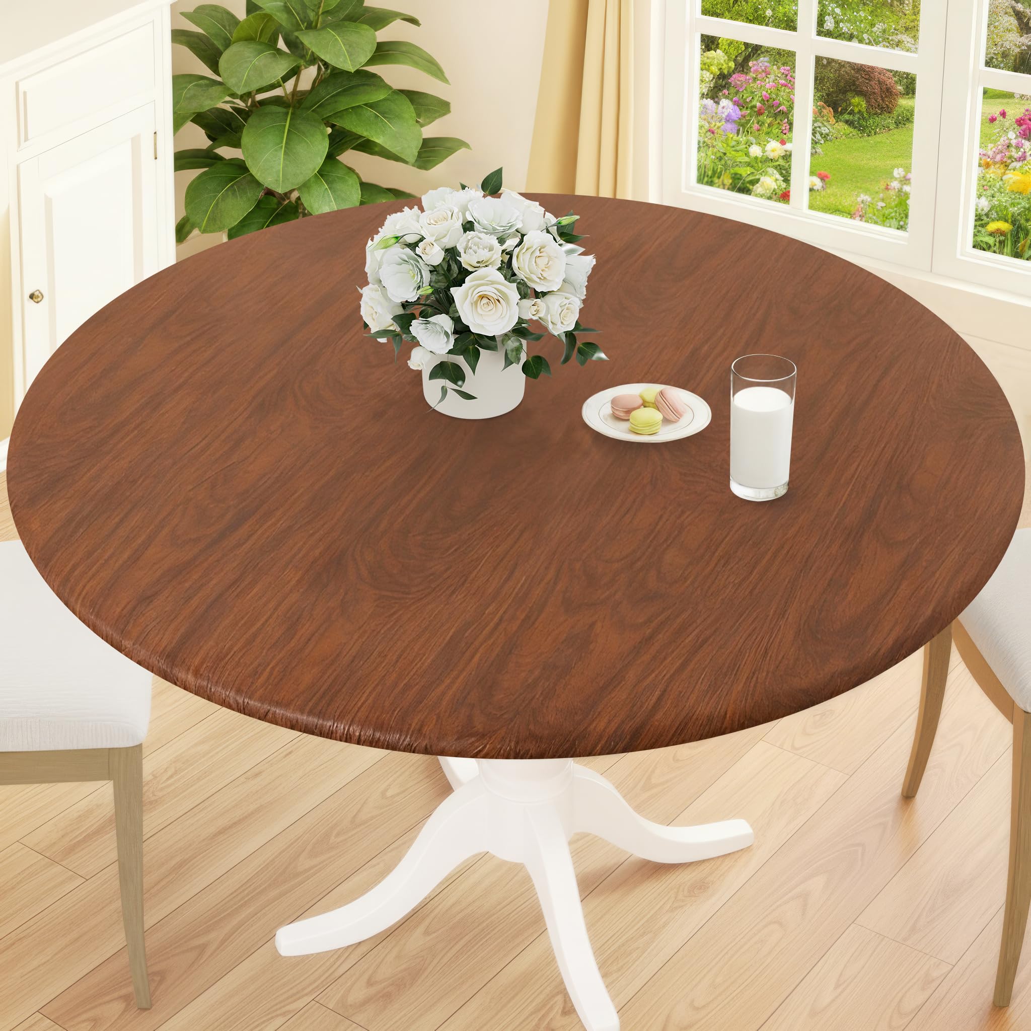 Smiry Round Picnic Tablecloth Waterproof Elastic Fitted Table Covers for 36 - 44 Tables Wipeable Flannel Backed Vinyl
