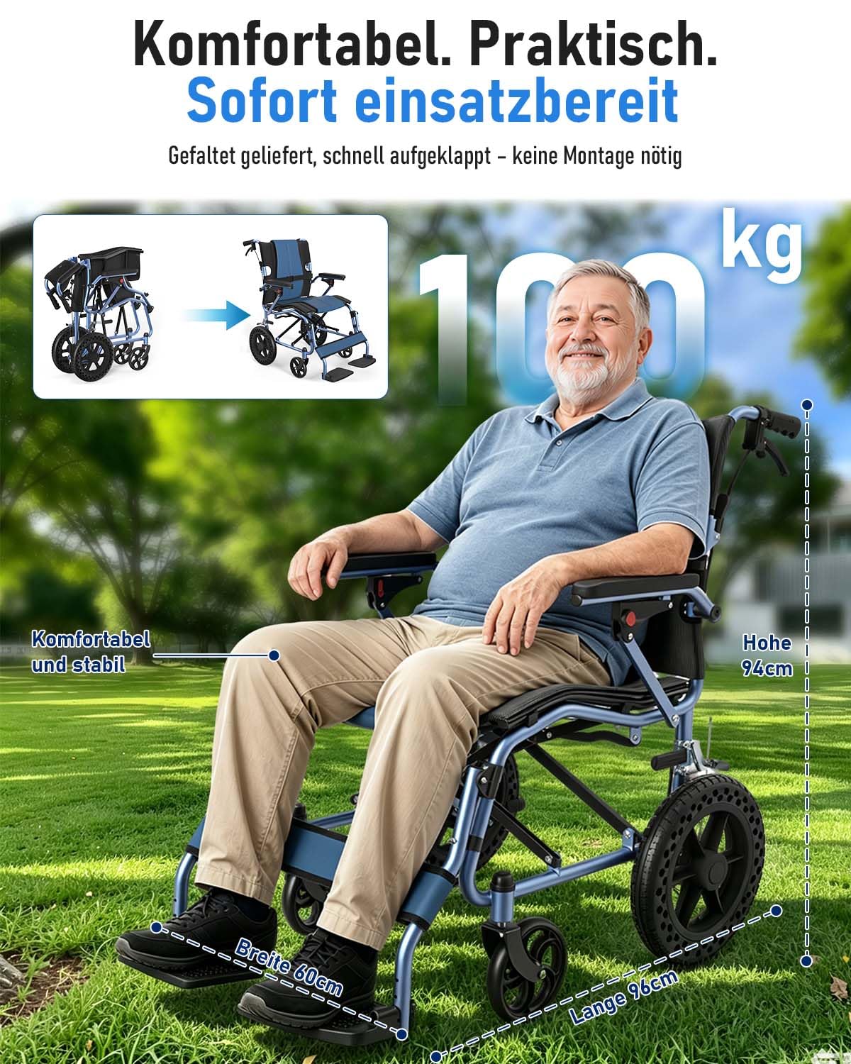 Bysen Rollstuhl faltbar leicht, Reiserollstuhl 12 kg für Senioren, Wohnung, Reise, Doppelbremse, Handbremsen, Radfeststeller, Sicherheitsgurt, 12 Zoll Hinterräder, 100 kg Tragkraft, 48 cm Sitzbreite