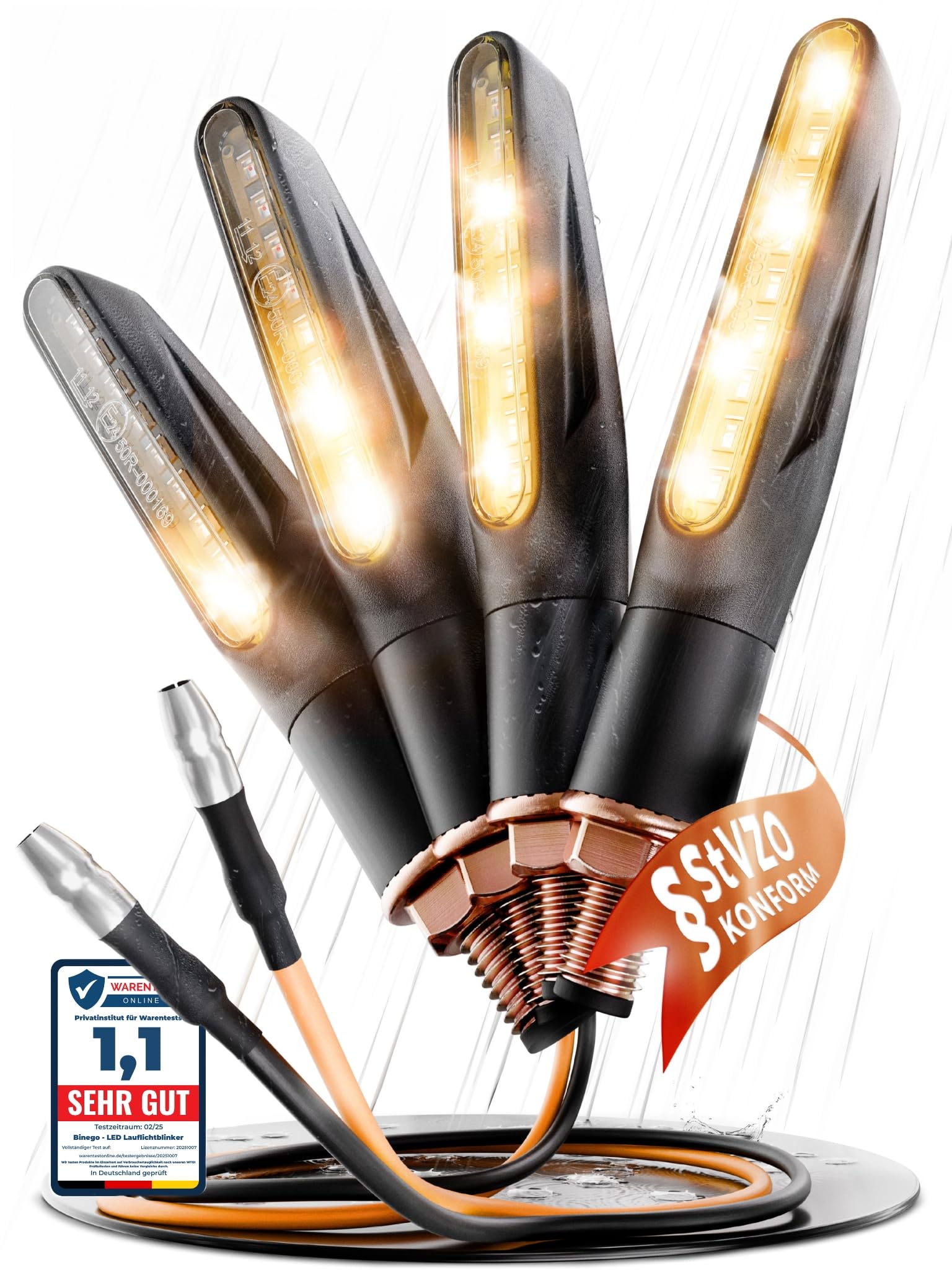 Binego® 4x LED Blinker Motorrad E Geprüft mit Lauflicht LED | Universelle Mini Blinker Moped Zubehör | StVZO konform (4er Set)