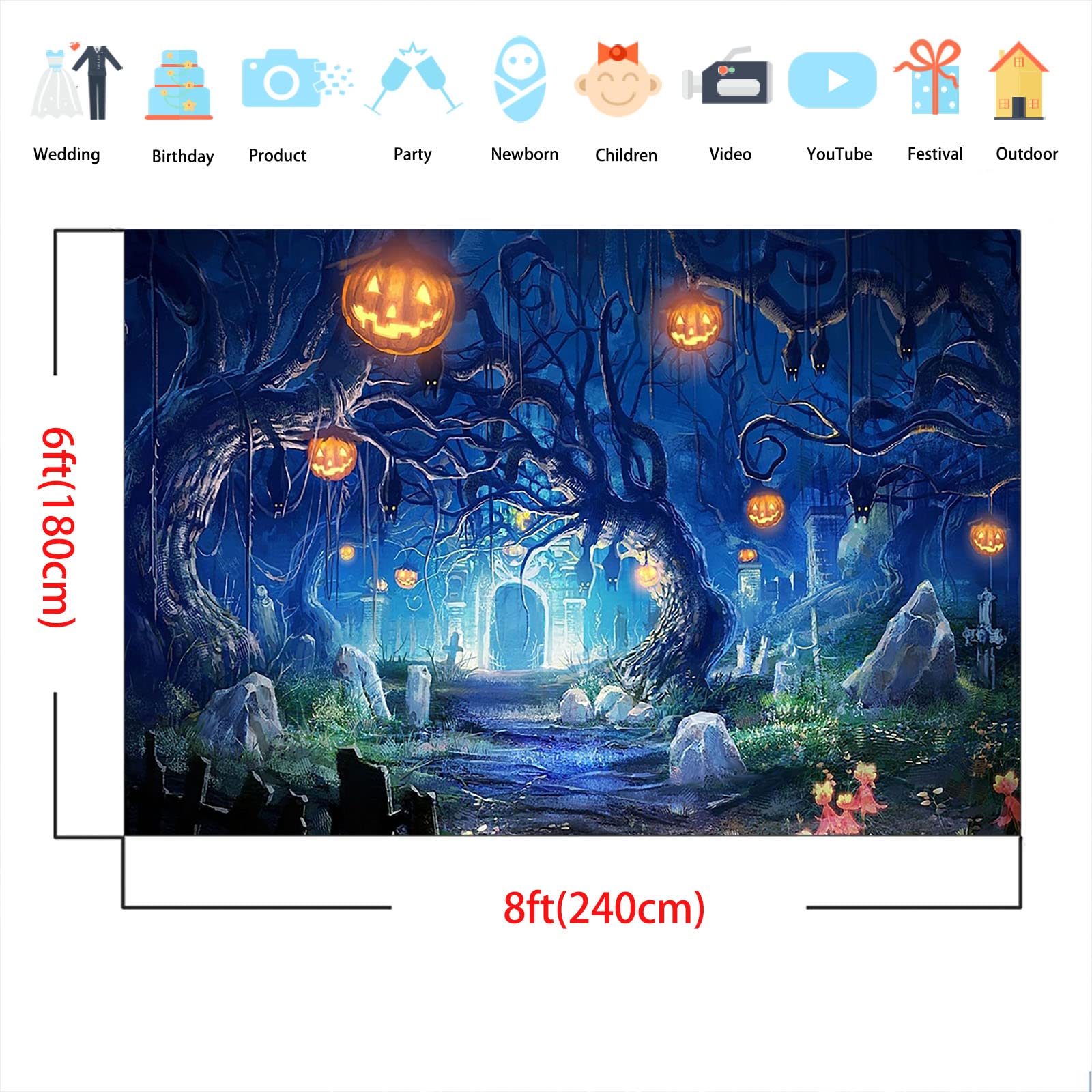 Avezano Tło Happy Halloween Horror noc las dynia latarnia cmentarz tło Wszystkich Świętych, duch fotografia tła (2,4 x 1,8 m)