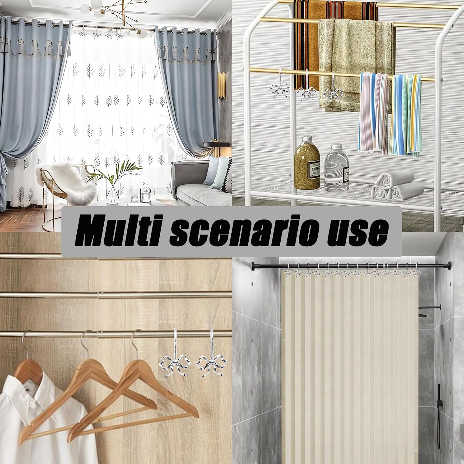12PCS Silver Bow Shower Curtain Hooks,Metal Decorative Shower Curtain Rings image 5