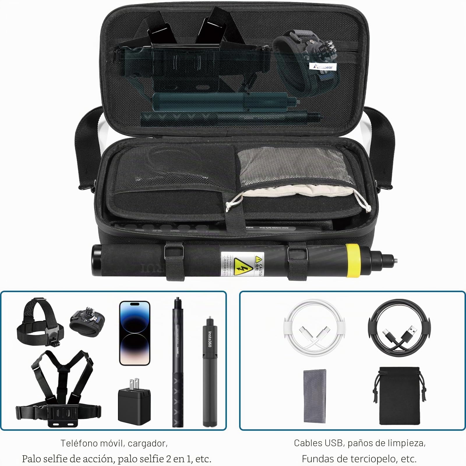 AMAZEAR Funda para Insta360 X5/X4 Air Accesorios, Bolsa Transporte Impermeable, Bolso Bandolera portátil para Insta360 X5 / X4 Air, Compatible con Palo Selfie 3M 9,8ft, Totalmente Negro, Grande
