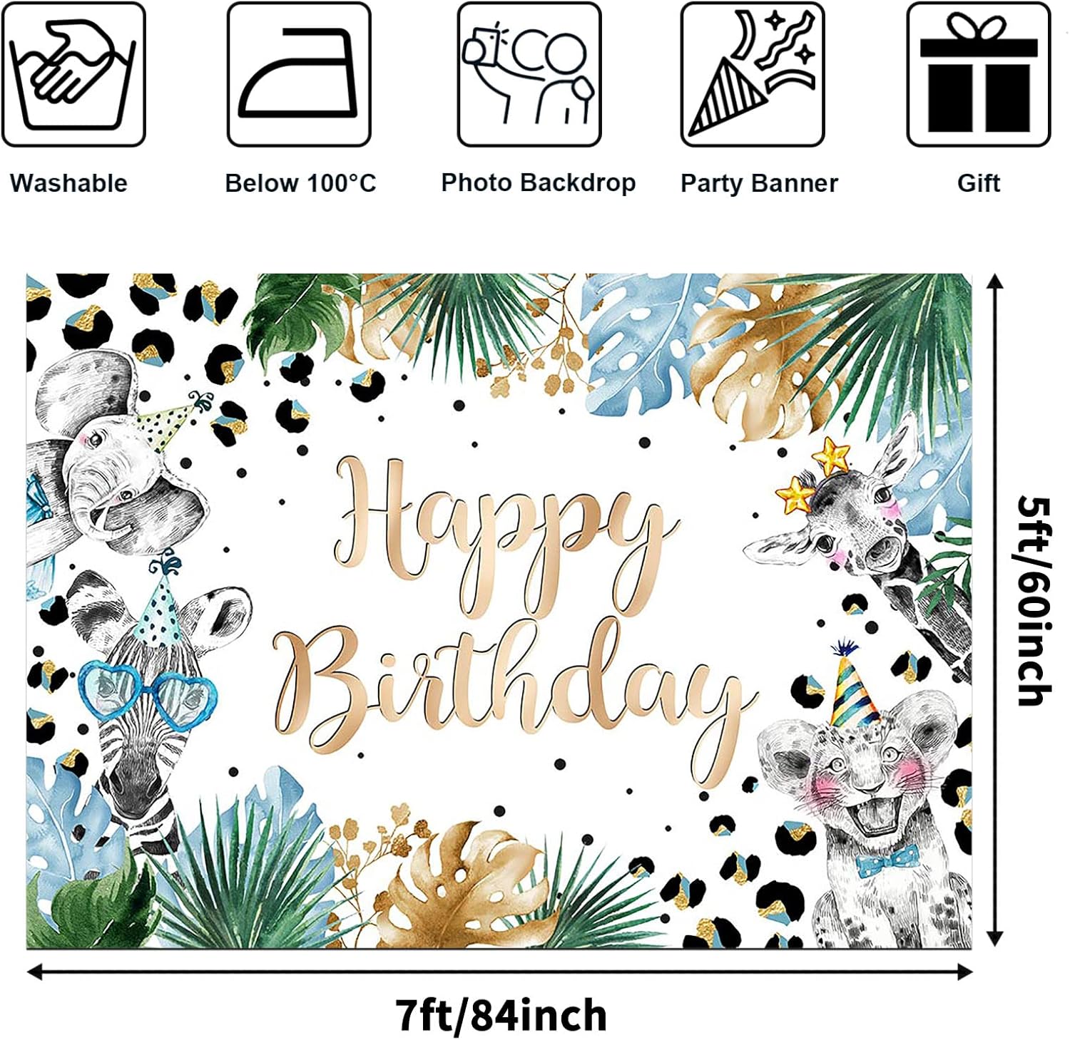 Avezano Animal Birthday Backdrop for Boy Birthday Party Decorations Zoo Safari Animal Theme Happy Birthday Banner Party Photoshoot Backdrops (7x5ft(84x60in))
