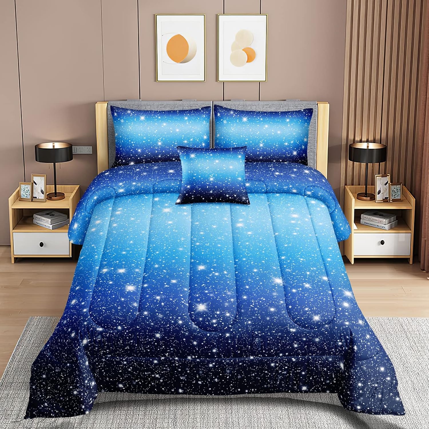 ROWADALO 6 Pieces Blue Gradient Glitter Sparkles Comforter Set Queen Size,Galaxy Starry Sky Bedding Sets 6 Pcs Bed in A Bag for Kids Teen Ultra Soft All-Season Girls Comforter Set,DJT-GB5002 Queen