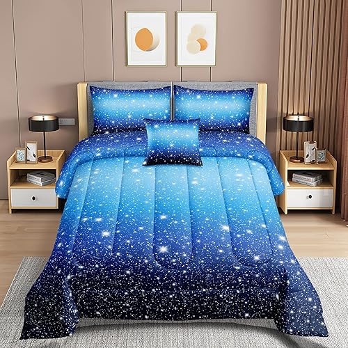 Miniatura 2 de ROWADALO 5 Pieces Blue Gradient Glitter Sparkles Comforter Set Twin Size Galaxy Starry Sky Bedding Sets 5 Pcs Bed In A Bag for Kids Teen Girls Ultra