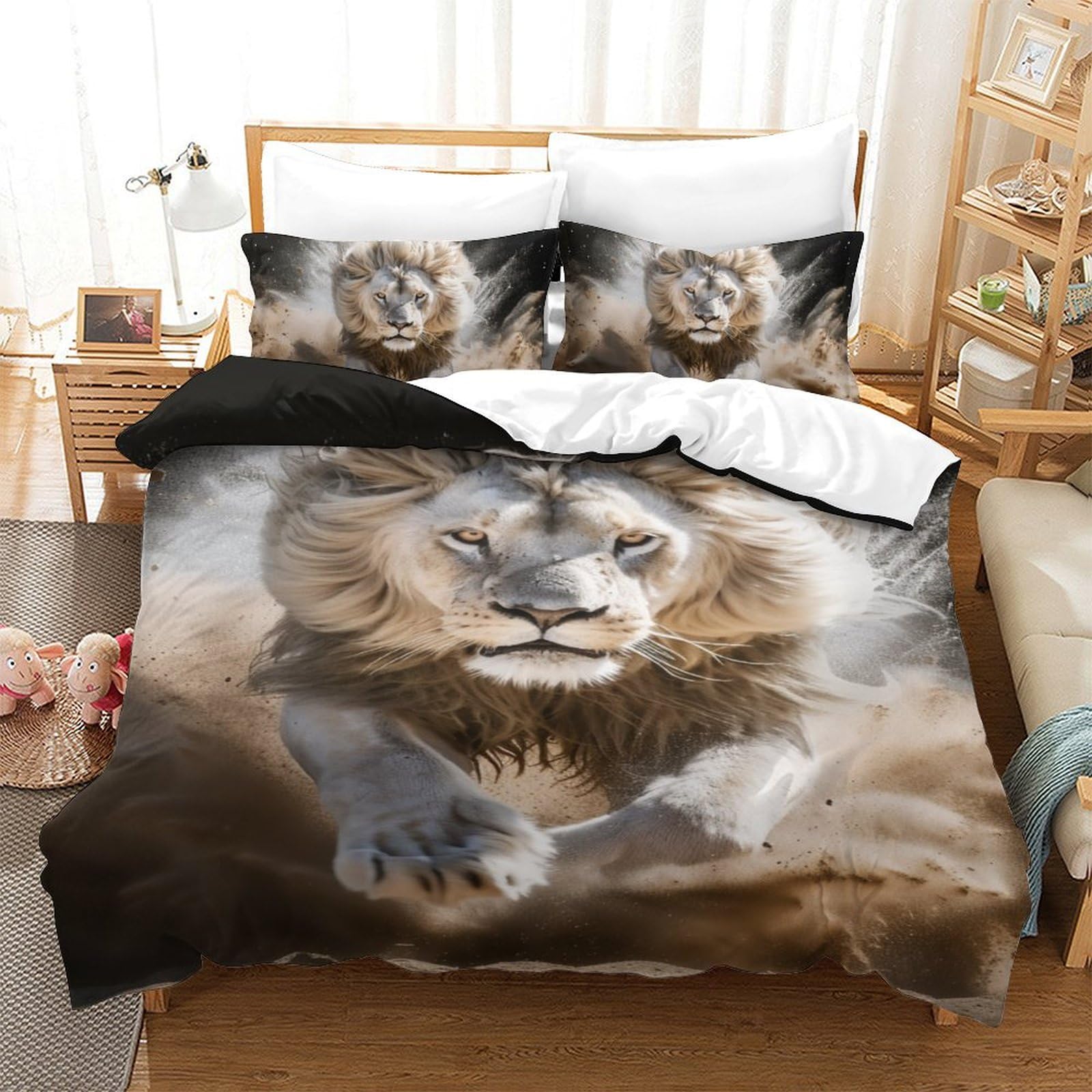 Parure de lit lion 3D 140x200 avec housse de couette single en microfibre