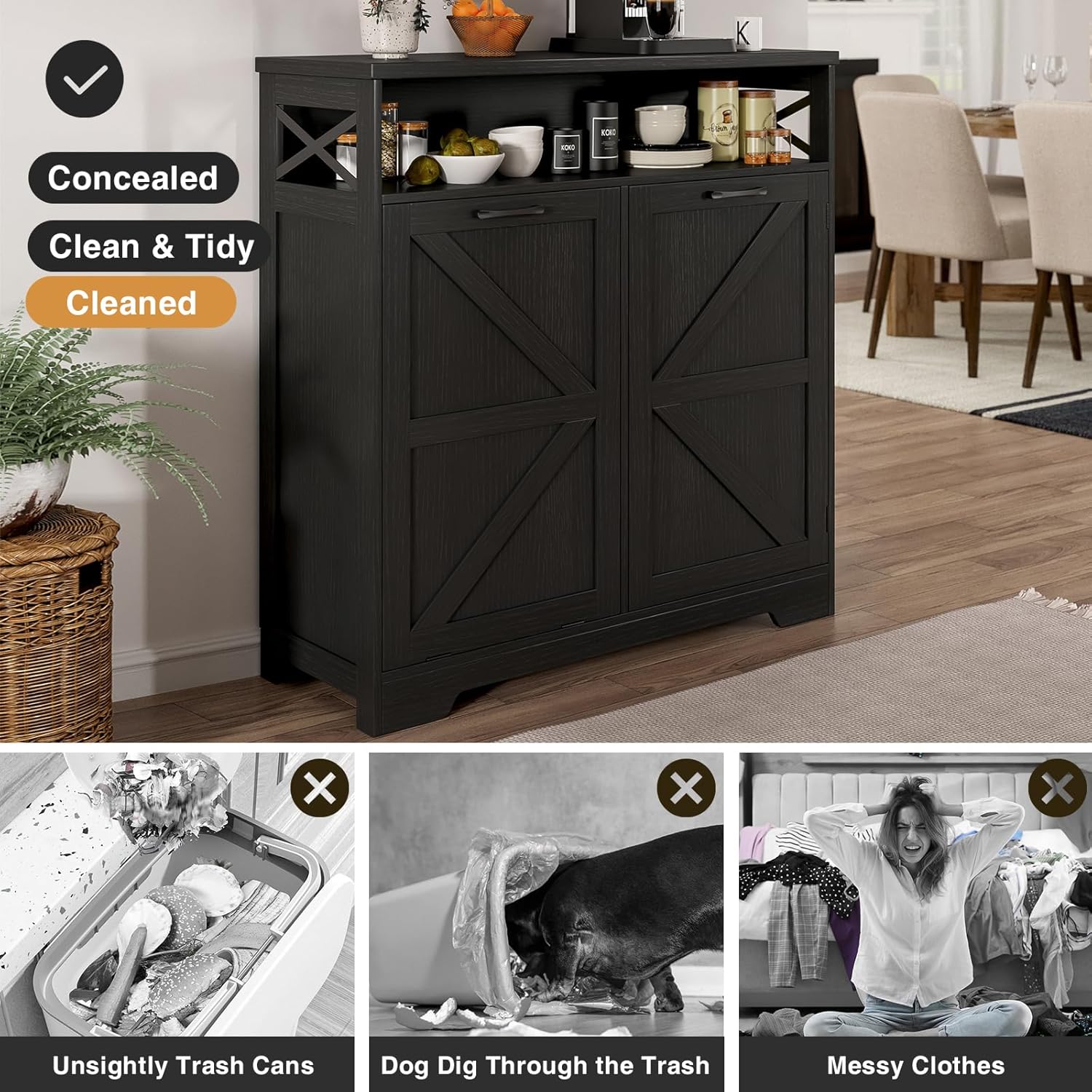 Befrases Tilt Out Trash Can Cabinet for 13 * 1 Gallon Trash Can, Farmhouse Kitchen Island Cabinet with Adjustable Shelf for Hidden Laundry Basket, Dog Proof Garbage Can for Dining Living Room, Black