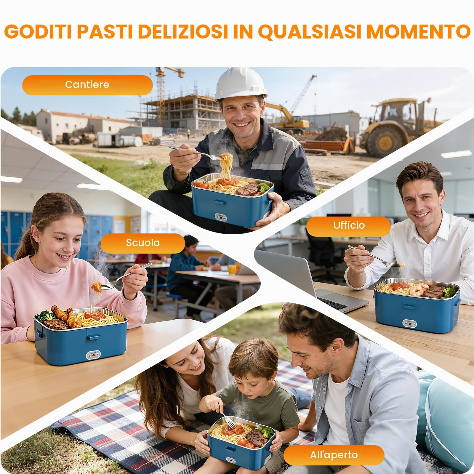 Scaldavivande Elettrico Portatile 100W 1.8L Lunch Box Termico 3 in 1(12V/24V/240V) per Auto Camion e Ufficio, Porta Pranzo Riscaldabile in Acciaio Inox con Borsa Forchetta e Cucchiaio