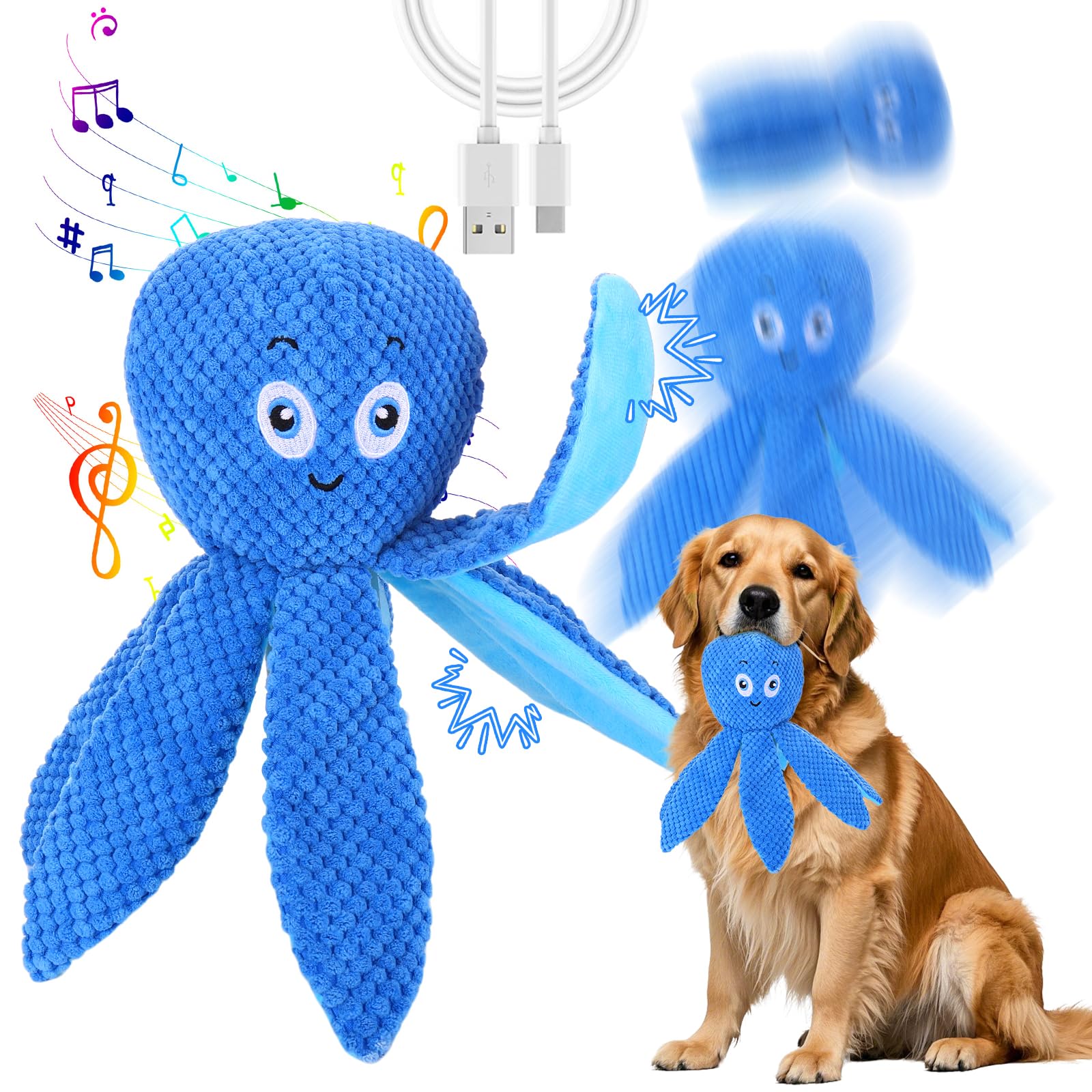 Interactive Dog Toys - Bouncing Octopus Crinkle Tentacles Music and Recording Moving Ball for Small Medium Large Puppy