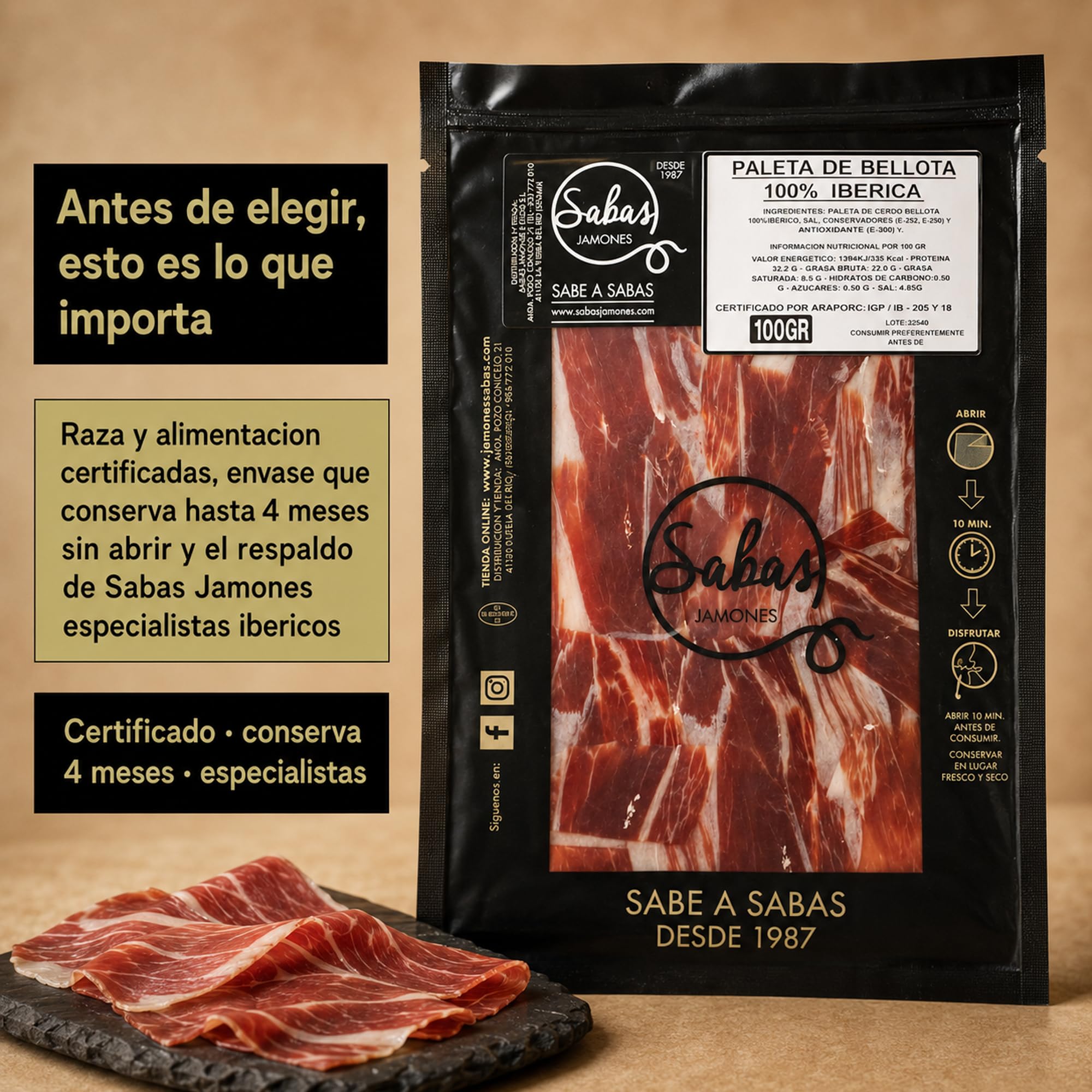 Paleta de Bellota 100% Iberica de Jabugo Cortada a Cuchillo 5 Sobres 100 g | Jamon iberico loncheado pata negra al vacio; curacion 30 meses, Sierra Huelva. Para tabla, aperitivo, cesta y regalo
