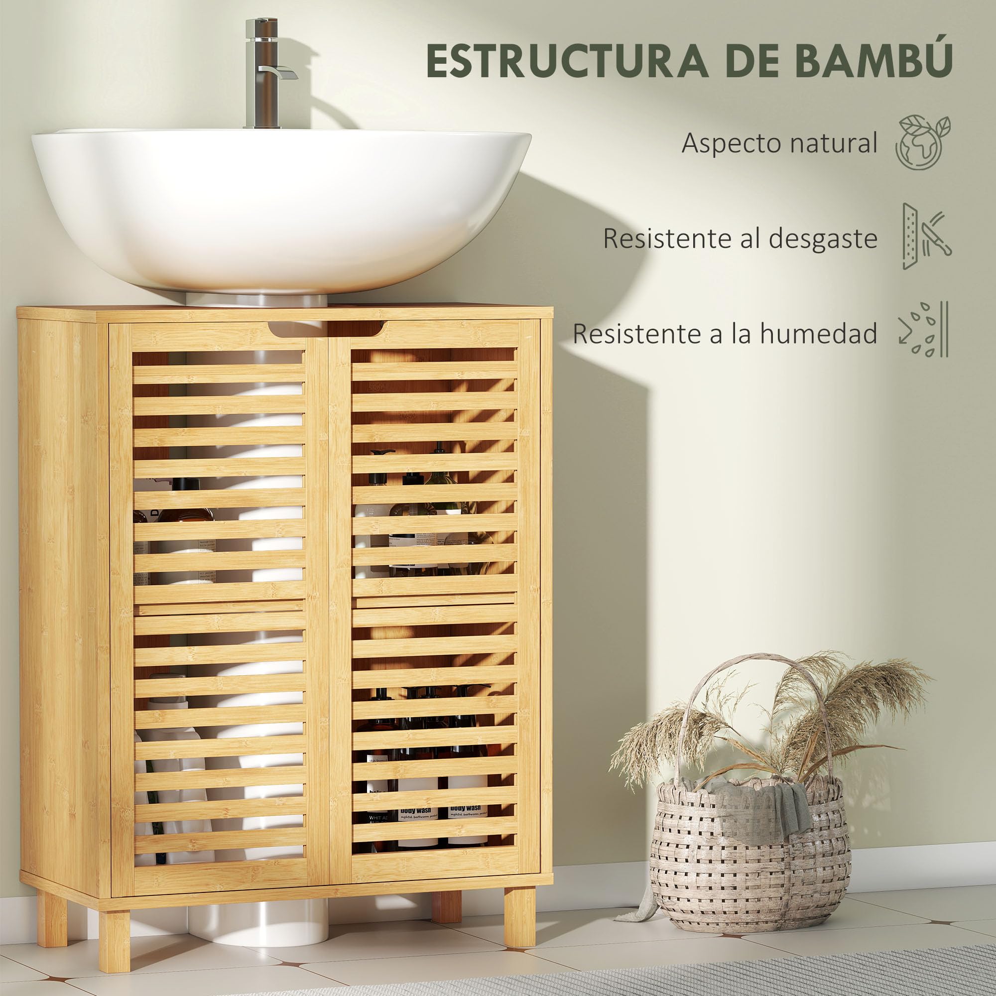 HOMCOM Mueble Bajo Lavabo de Bambú 2 Puertas de Lamas 60x30x80cm Natural | Estante Regulable, Mueble de Baño, para Lavabos con o sin Pedestal