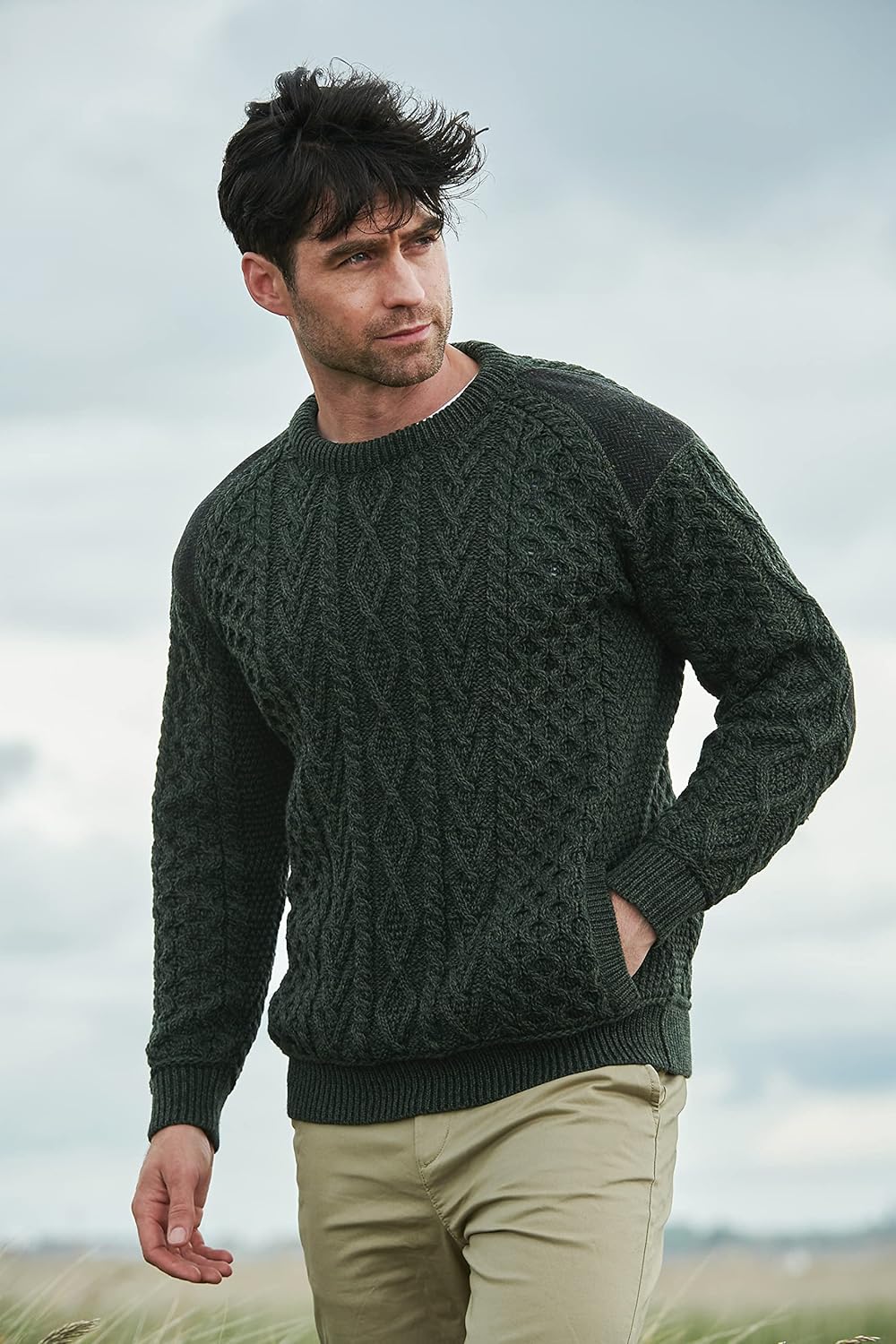 Aran Crafts Men's Irish Cable Knitted Crew Neck with Tweed (100% Merino Wool) - Image 3