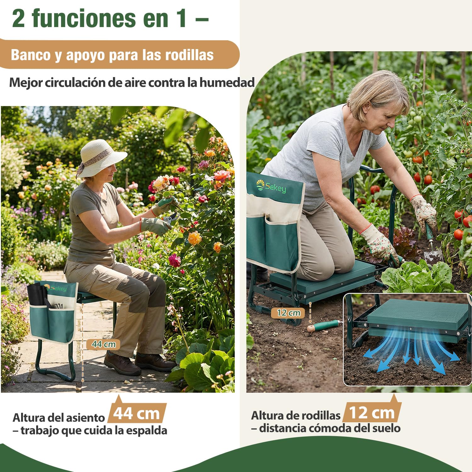 Sekey Reposarodillas Regulable en Altura para jardinería, Capacidad de Carga 160 kg, Taburete de jardín Plegable con Bolsillos para Herramientas, Ayuda para Rodillas para jardinería, 60 x 50 x 28 cm
