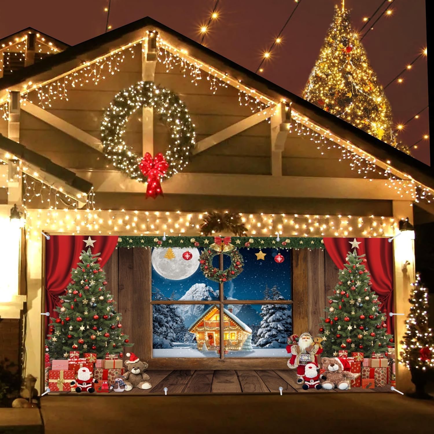 Christmas Garage Door Cover Decorations, Holiday Winter Cover, Window Xmas Tree Gifts Merry Christmas 2 Car Garage Banner Xmas Outdoor Holiday Decorations 7x16ft