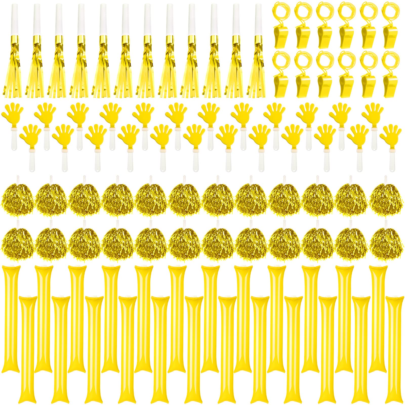 Yunsailing96 Pcs Noisemakers Team Spirit Accessories for Back to School Include Hand Clappers Cheerleading Pom Pom Thunder Stick Cheer Party Blower Plastic Whistle for Spirit Week Sport(Gold)