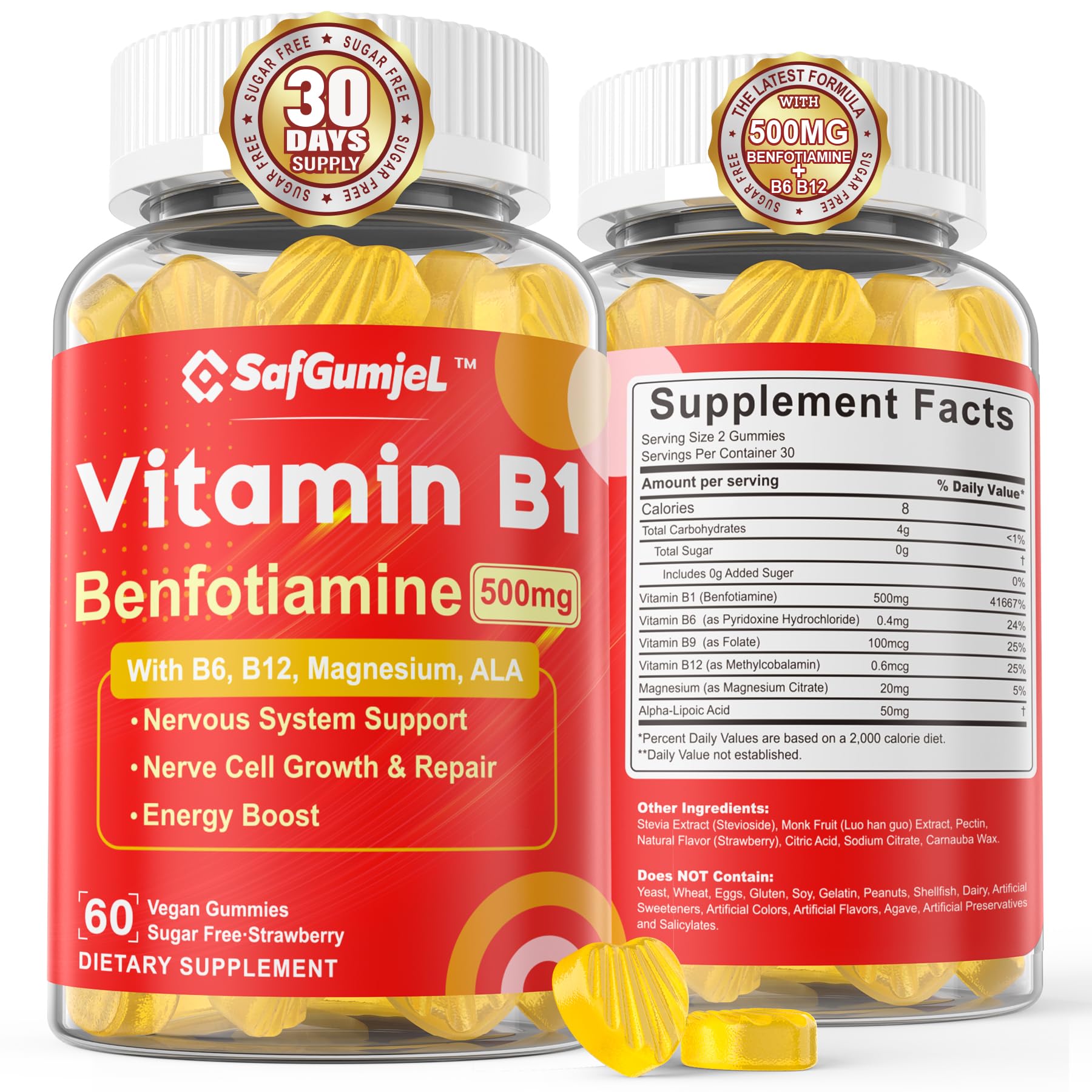 Vitamin B1(Benfotiamine) Gummies 500mg – B1 B6 B12 Vitamins with Magnesium for Energy Metabolism, Healthy Nervous System – Chewable B Complex for Adults & Kids - Vegan, Sugar Free, 60 Ct