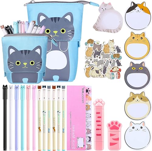Miniatura 1 de Juego de 400 piezas de papelería de gato lindo de dibujos animados Kawaii papelería para niñas y niños, suministros escolares incluyendo bolígrafos