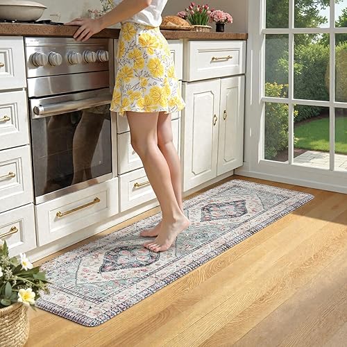 Vista 405 de KIMODE - Juego de 2 tapetes de cocina bohemios, antifatiga, antideslizantes, impermeables, ergonómicos, acolchados, cómodos, para lavandería, Caqui
