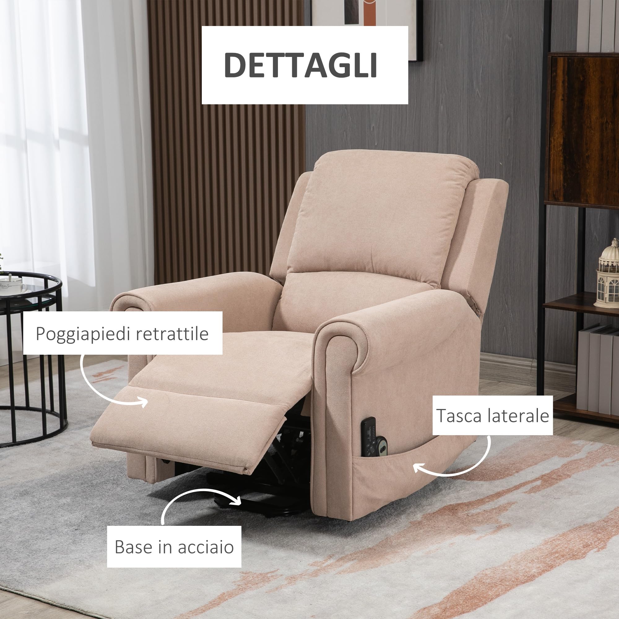 HOMCOM Poltrona Elettrica Alzapersona con 8 Punti Massaggio, Reclinabile 135°, Poltrona Relax Elettrica in Velluto per Anziani e Disabili con Telecomando, Poggiapiedi, Tasche Laterali, Marrone Chiaro
