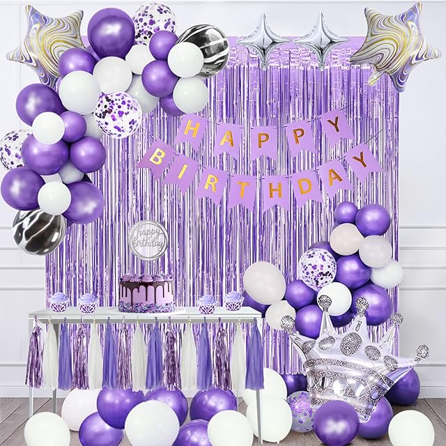 KATBUU Purple Birthday Party Decorations for Women or Girls - with Happy Birthday Banner, Confetti Balloons, Birthday Background, Tassel Garland, Crown Balloons for Birthday Party Decorations Supplies