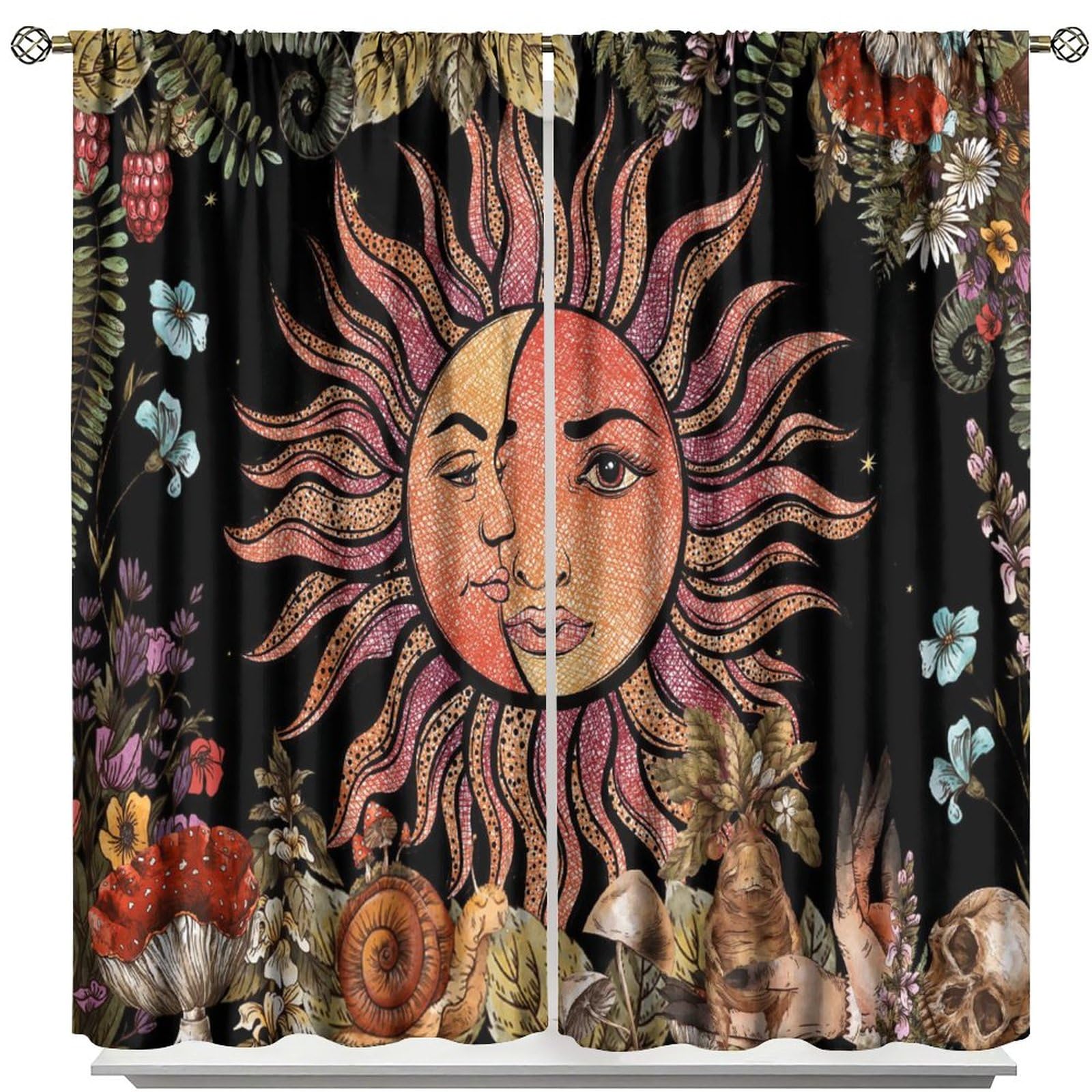 Vintage Sun Curtains, Boho Hippie Mushroom Plant Sun and Moon Theme Window Treatments Curtains for Living Room Bedroom Kitchen Bathroom Home Decor