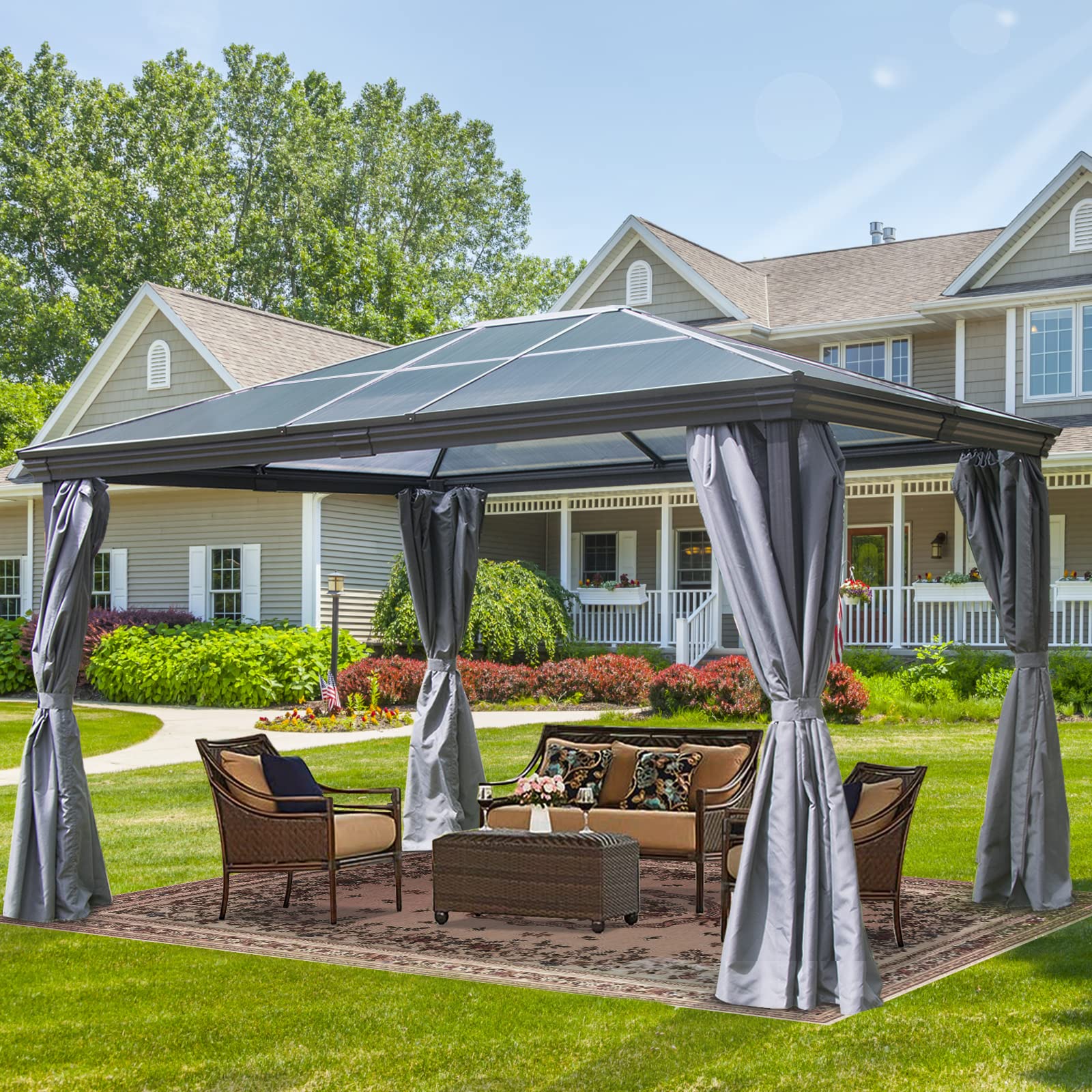 LAUSAINT HOME Hardtop Gazebo with Privacy Curtains, 10x12 ft Outdoor
