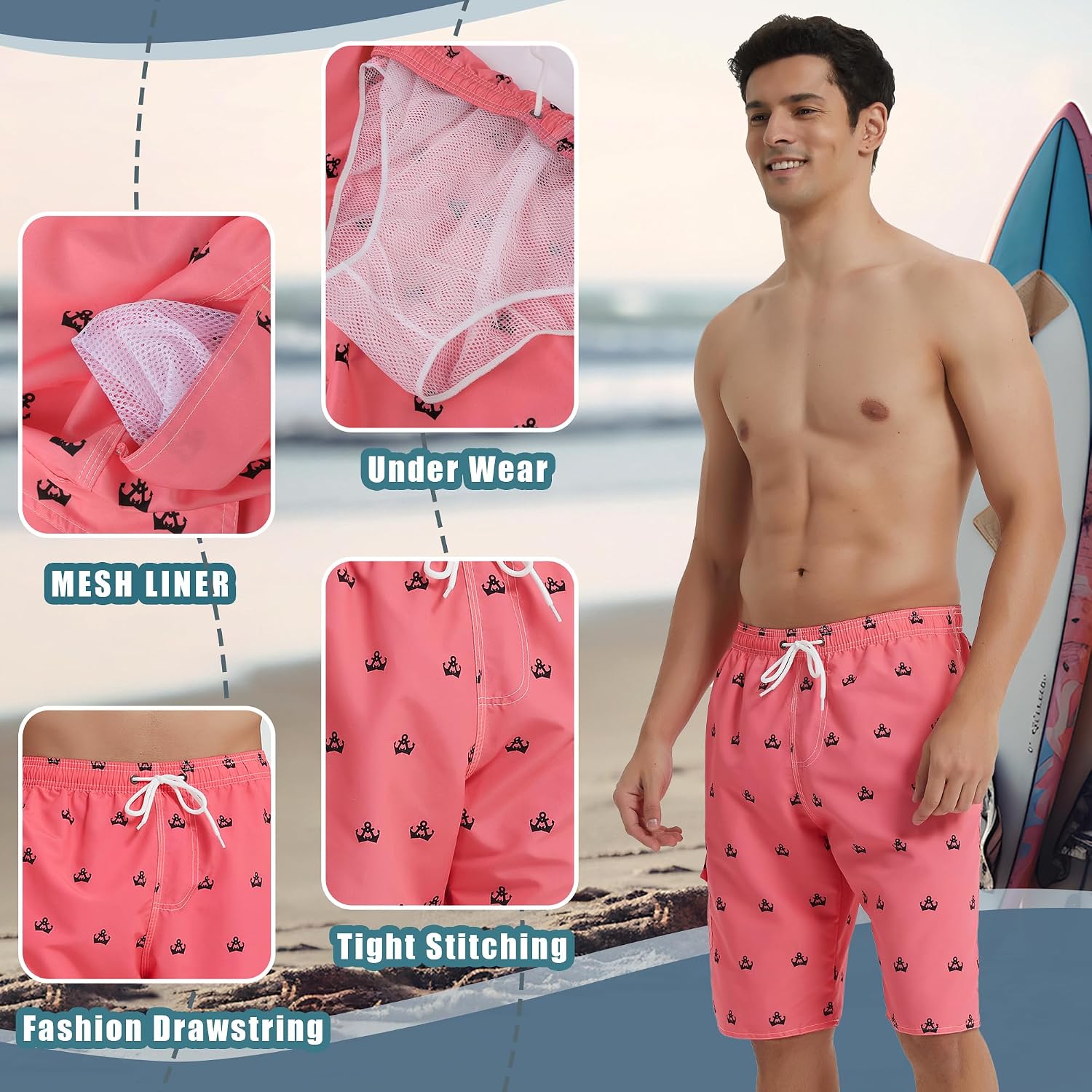 Landisun Mens Swim Trunks Board Shorts Swimsuit Swimwear Swim Shorts Bathing Suits Quick Dry with Mesh Lining