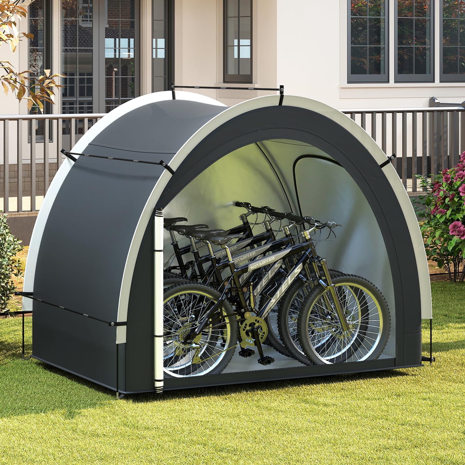 COSTWAY Fahrradgarage für 4-5 Fahrräder, wetterfest, mit 2 Rolltüren, Fenster & Tasche, 218 x 153 x 182 cm
