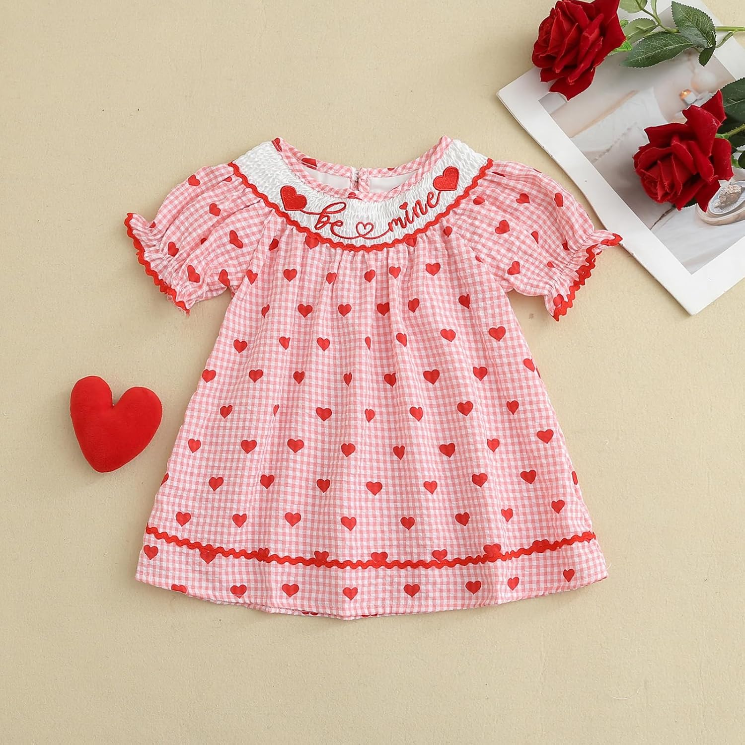 Toddler Girl Valentines Outfit Embroider Be Mine Red Checkered Heart Dress Baby Valentine's Day Dresses Clothes - Image 3