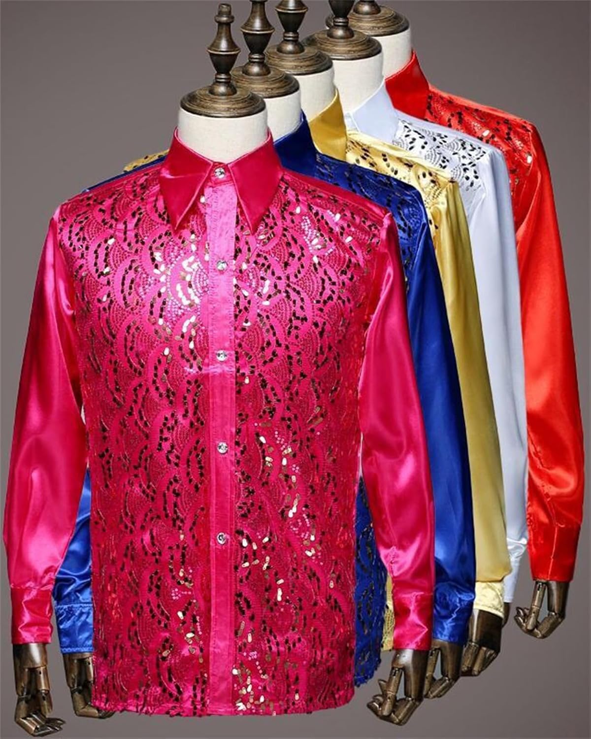 GPCHAN Men's Performance Shirts Sparkly Metallic Long Sleeve Disco Button Down Slim Fit Dance Stage Costumes