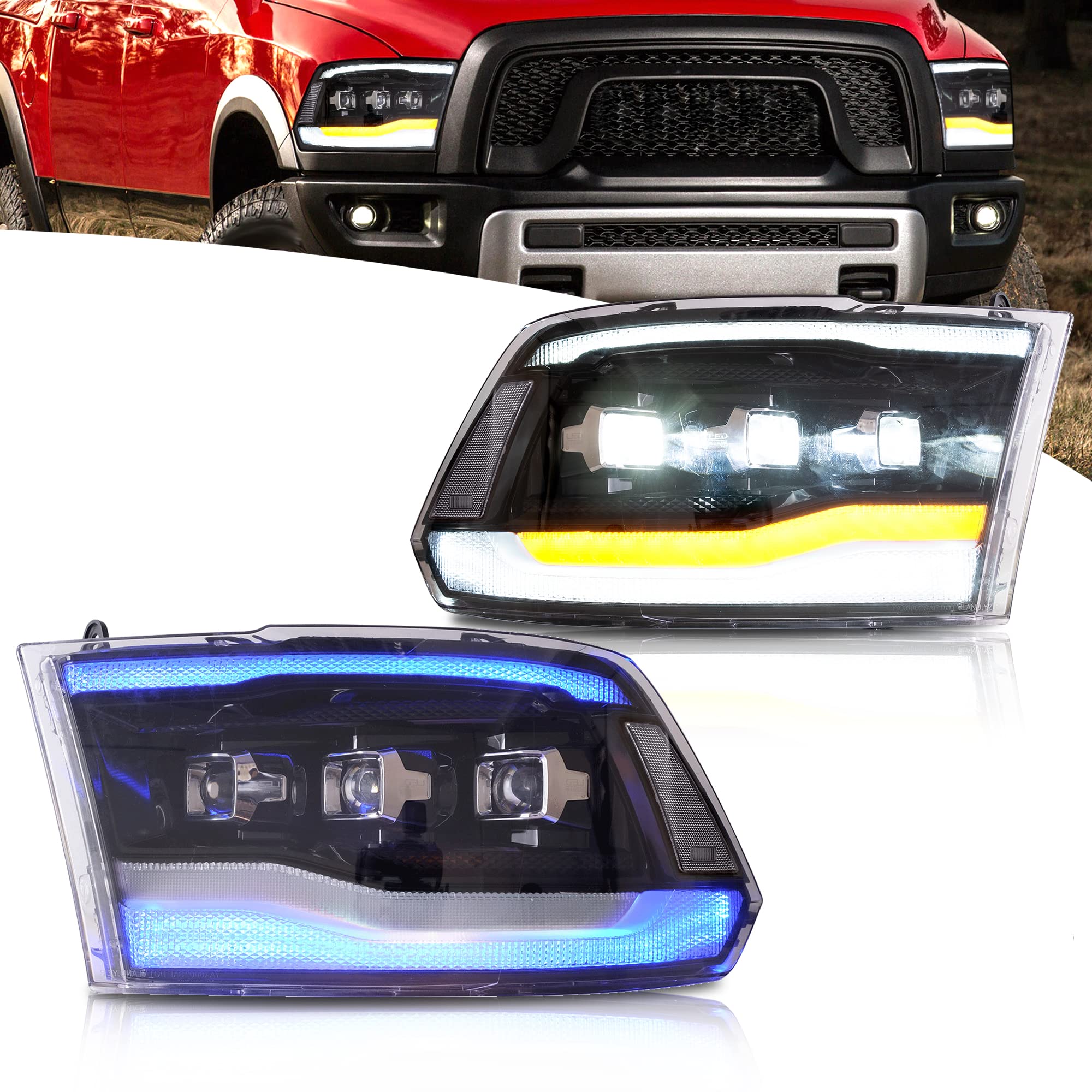 VLAND Projektor Scheinwerfer kompatibel für RAM 1500 2500 3500 2009-2018 & RAM 1500 Classic 2019-2021, Mit E-Prüfzeichen, 1 Satz (Klarer Reflektor)