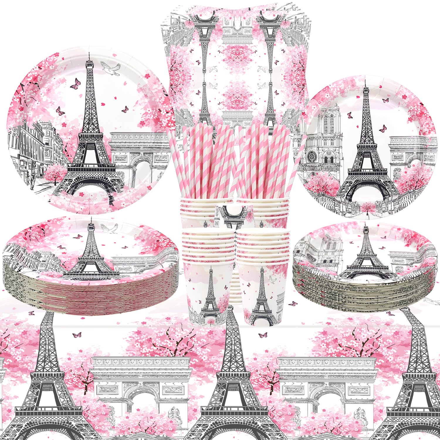 LSJDEER Paris Party Supplies - Eiffel Tower Party Tableware - Dinner Plates Desserts Plates Cups Napkins Tablecover Straws for Paris Birthday Party Decorations Baby Shower Supplies, Serves 40 (40)