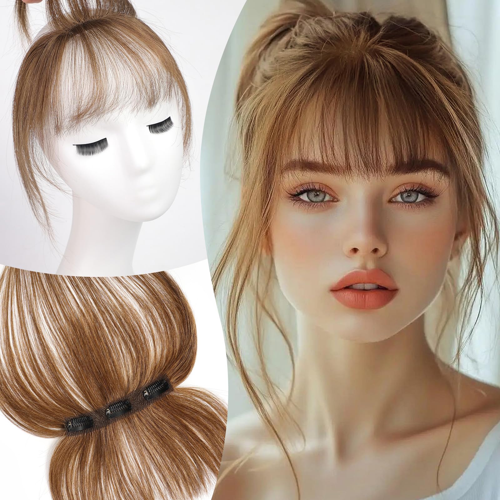 EMMOR Clip in Bangs, 100% Human Hair Bangs with 3 Non-slip Clips