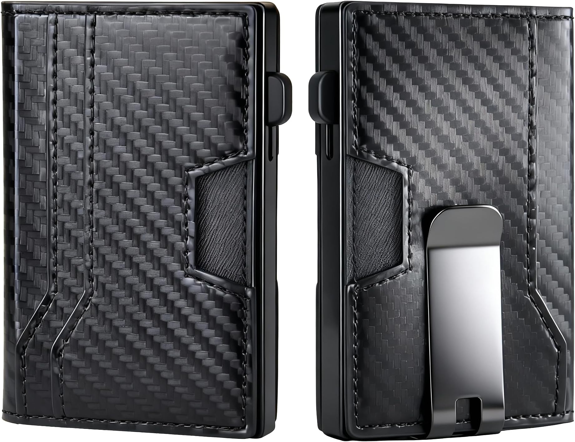 Minimalist Wallet for Men, RFID Blocking Wallet with Money Clip, Pop Up Card Holder with Leather ID Window(Metal, Black CF)